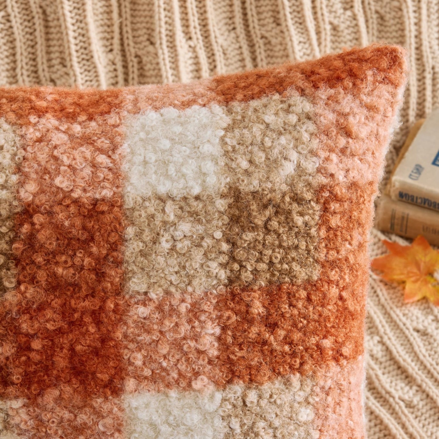 MIULEE Fall Plaid Pillow Covers 12x20 Inch Set of 2, Decorative Boucle Faux Fur Check Lumbar Throw Pillow Covers Fluffy Pillowcases for Farmhouse Living Room Sofa Bed Home Decor,Orange
