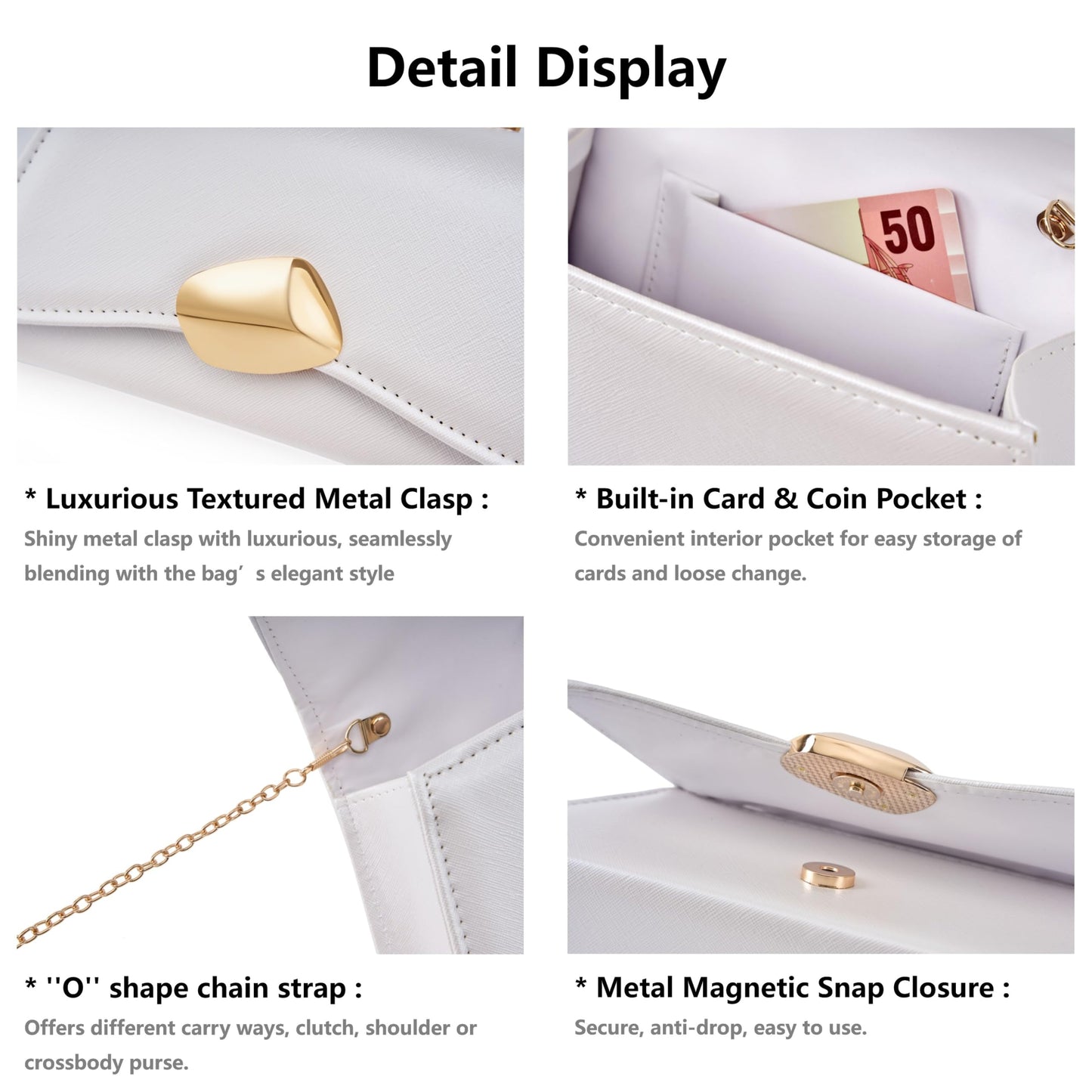Gurina Designer Evening Handbag with Metal Handle, PU Leather Clutch Purse with Magnetic Buckle, Elegant Party Bag for Women (7OB White)
