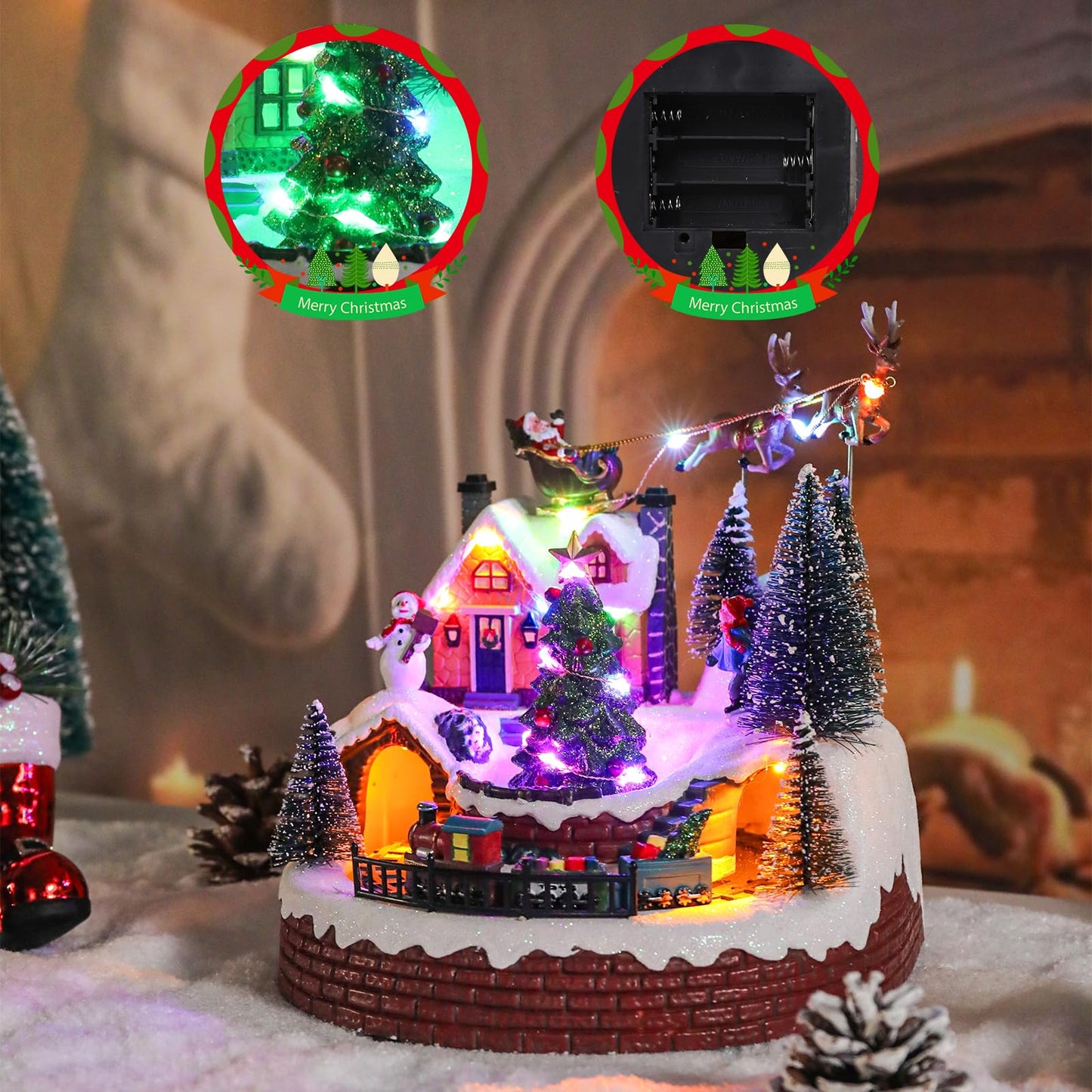 Vipush Christmas Village House Decorations Resin Train Set with Flying Santa Home Decor Indoor Building Figurines Revolving Train with LED Light and 8 Christmas Music for Kids