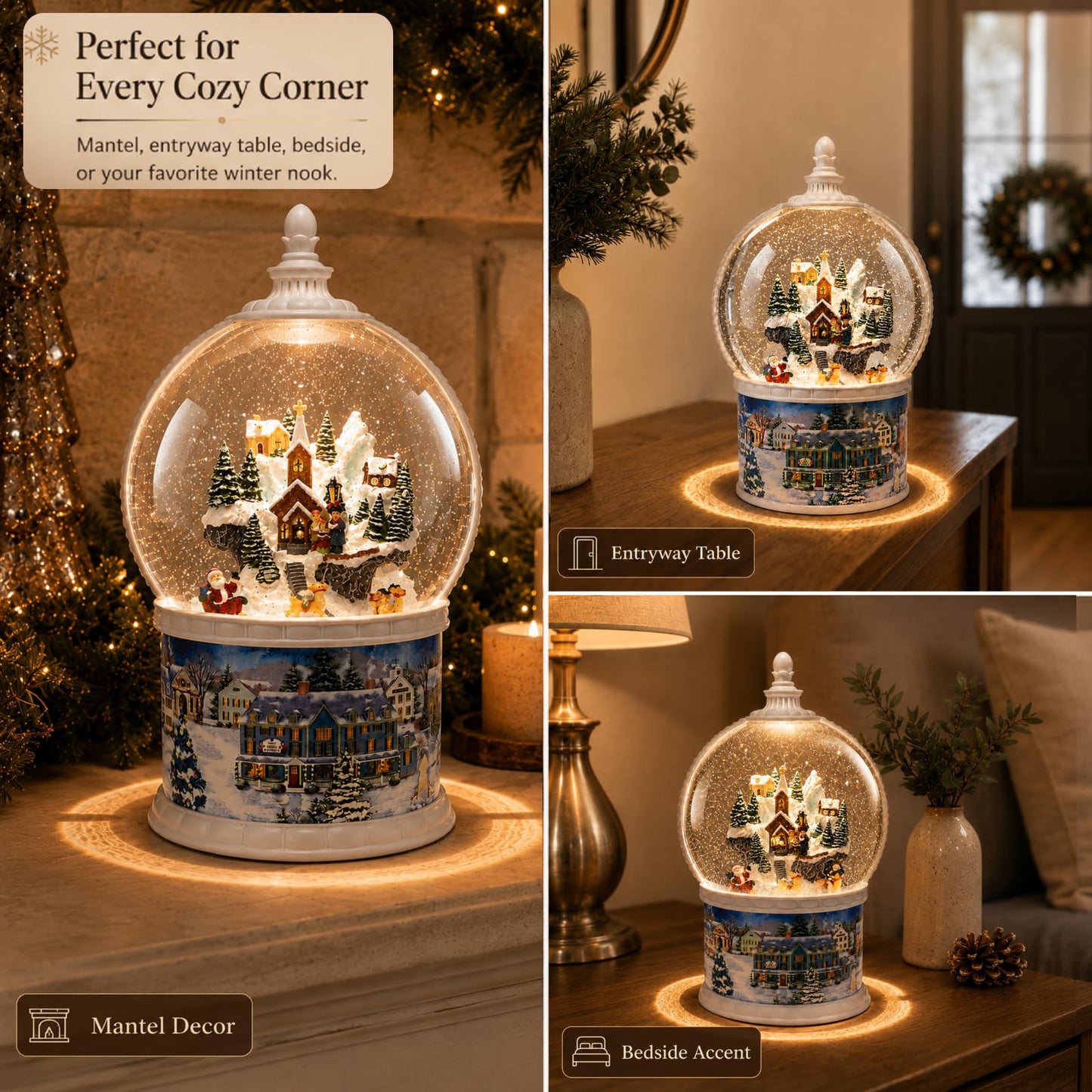Large Lighted Snow Globe Lantern, 10.24" Winter Village Music Box with Moving Glitter & Rotating Carousel, USB & Battery Operated Night Light, 6H Timer, Snow Globe Gift for Women Mom Grandma Adults