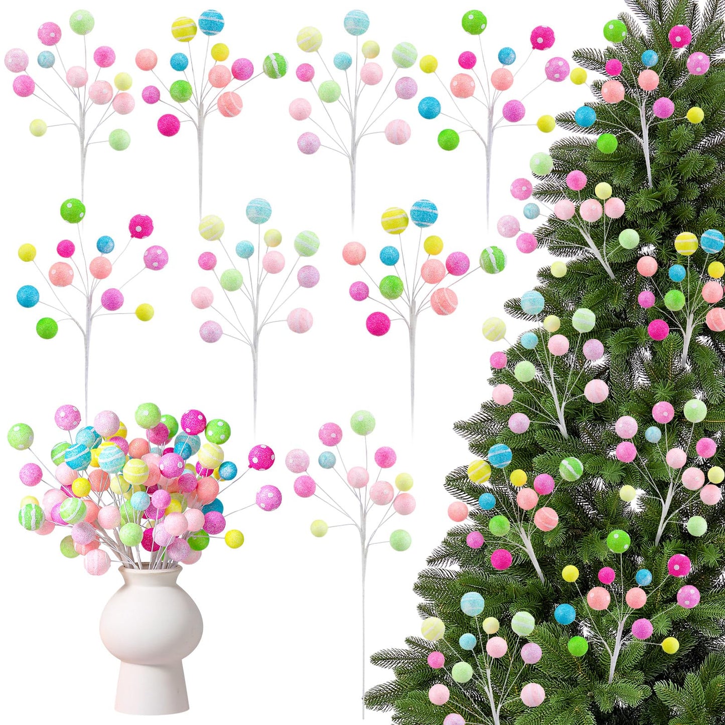 Janinka 8 Pcs Christmas Picks Pastel Christmas Candy Decorations Lollipop Macaron Xmas Tree Picks Xmas Tree Topper Glowing Fur Ball for Vase Fillers DIY Crafts Displays Home New Year