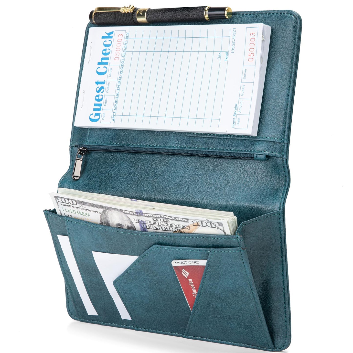 Server Book with Zipper Pocket and Magnetic Closure, Server Books for Waitress, Leather Waitstaff Organizer with High Volume Money Pocket, Fit Server Apron (Green)