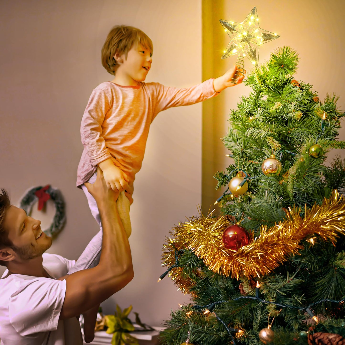 Brizled Gold Christmas Tree Topper Lights, 8" Hollow-Out Star Tree Topper with 20 LED Warm White Lights, Battery Powered Xmas Tree Topper 5 Point Star Treetop for Christmas Tree Home Party Decor
