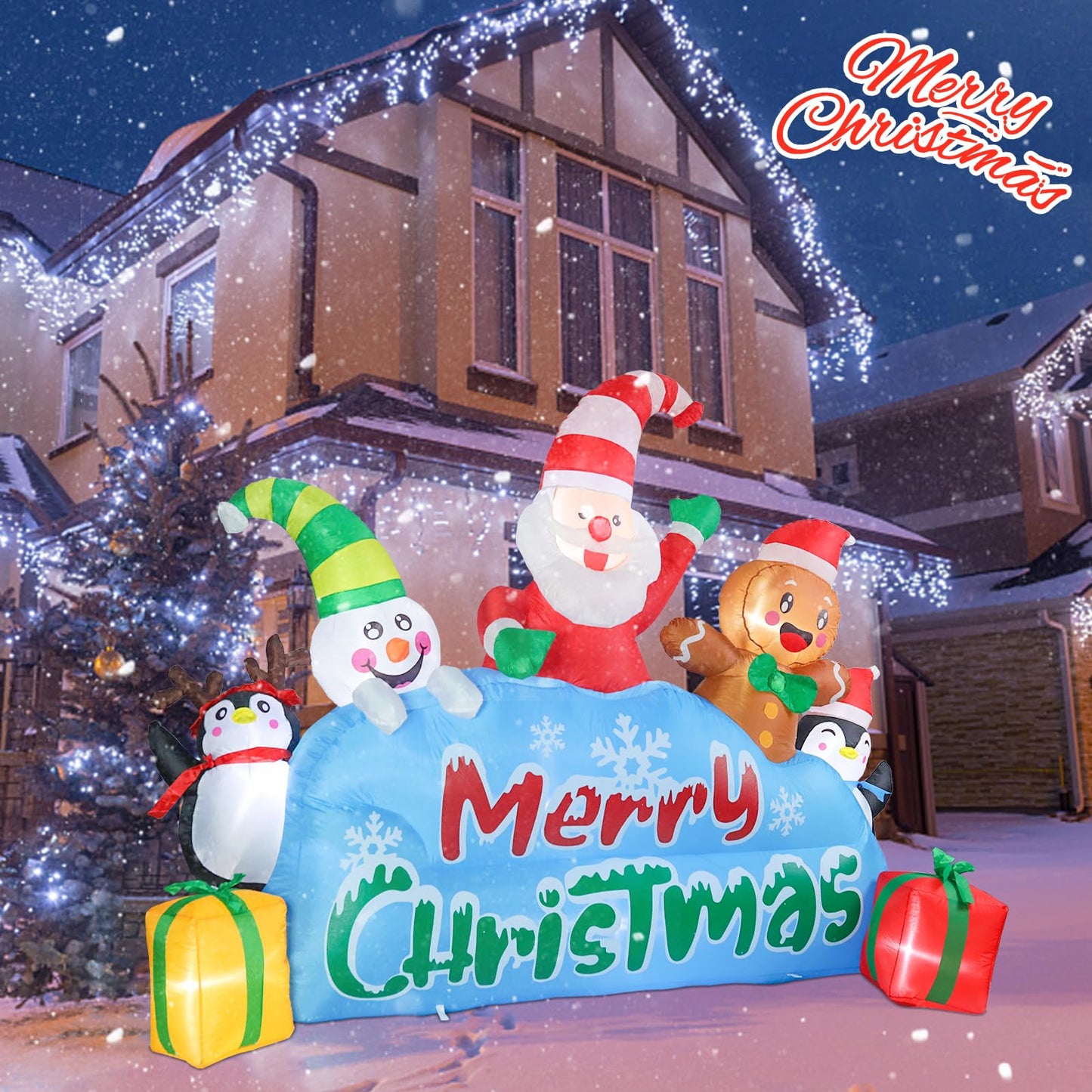 MUMTOP 7.5FT Long Christmas Inflatables Outdoor Decorations, Inflatables Santa Snowman Gingerbread Man Penguins Blow up Merry Christmas Yard Decorations Built-in LED Lights for Outdoor Party Holiday