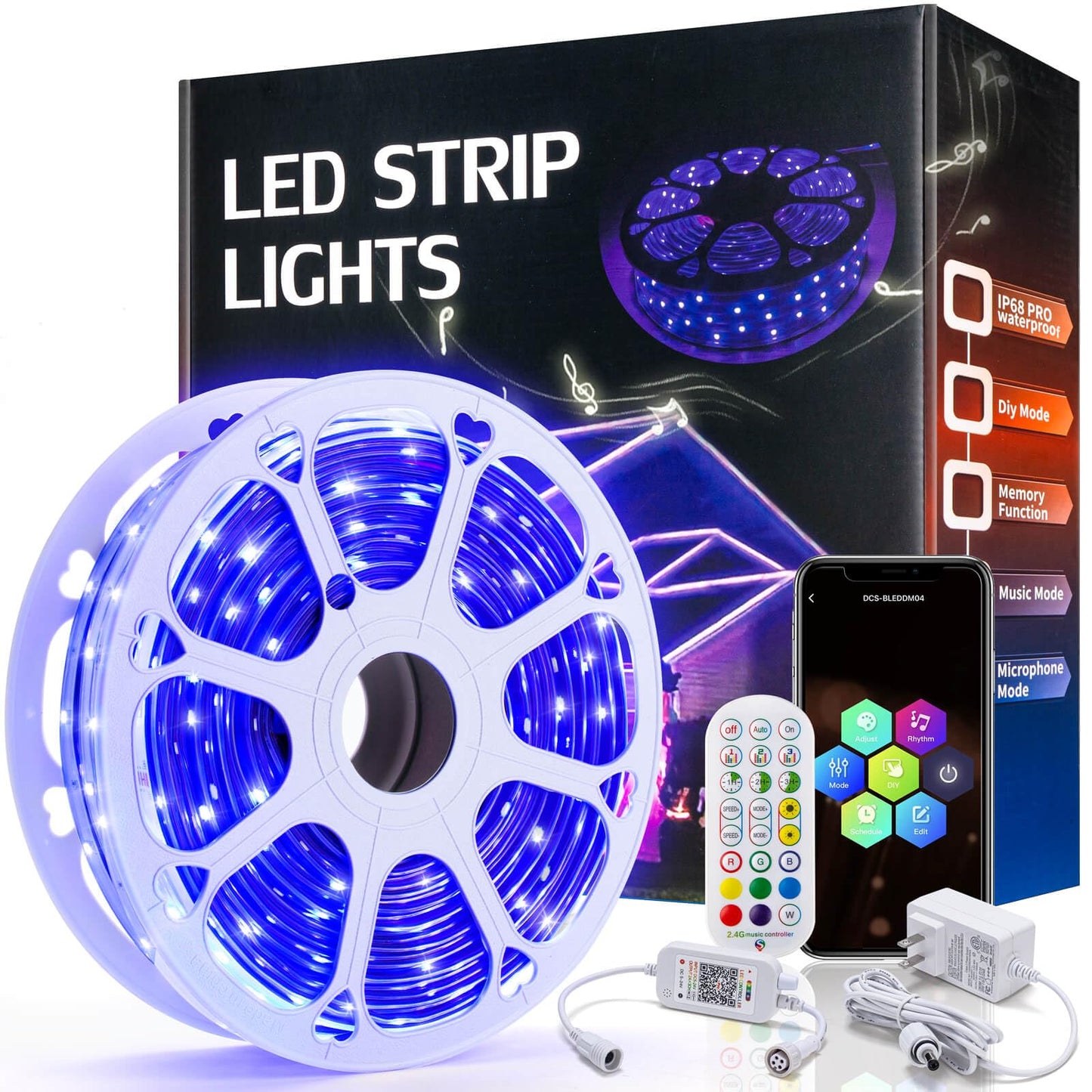 Rxment 200ft Outdoor Led Strip Lights Waterproof IP68, Remote & App Control, 36V, RGB, DIY Features, Heavy Duty, Premium+