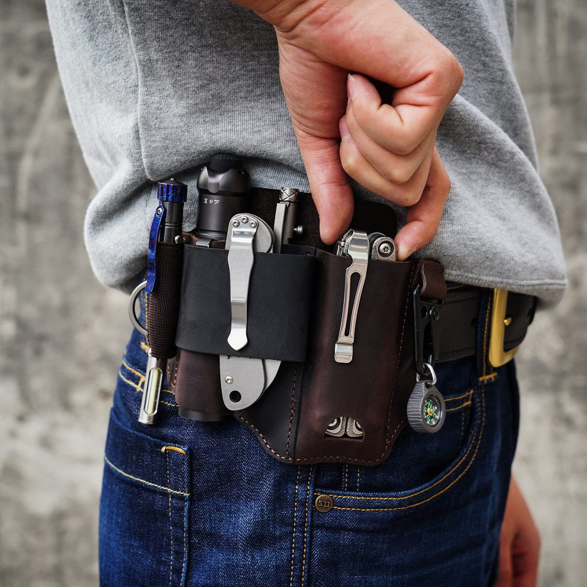 ST1 Leather Multitool Sheath - EDC Belt Organizer for Leatherman Tools, Flashlight, Pen, and Keychain Clip, Durable and Stylish, Great for Work and Daily Use, Ideal Gift for Men
