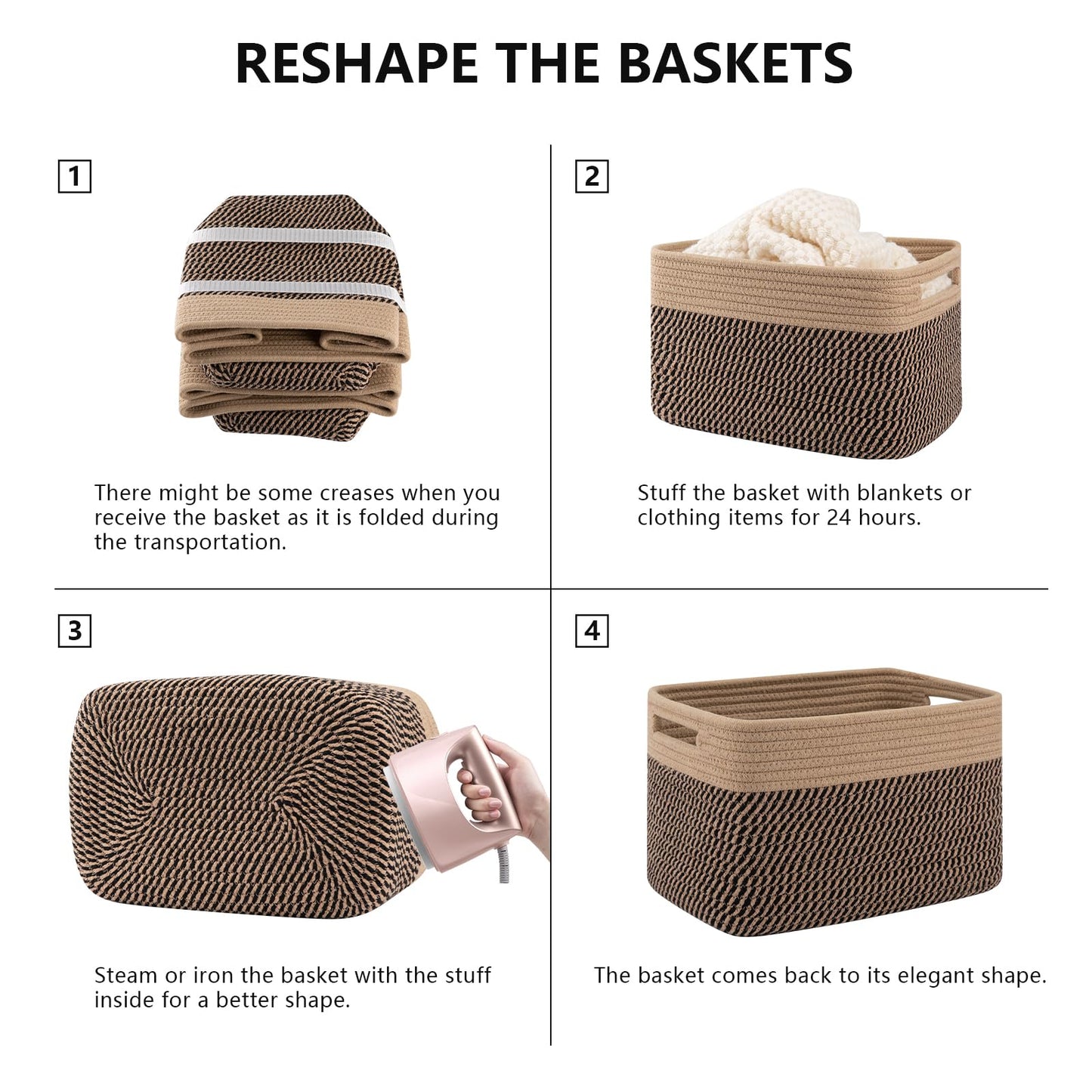 SIXDOVE 4 Pack Storage Baskets for Organizing, Woven Baskets for Shelves - Perfect for Toys, Books, Towels, and Clothes, Durable Gift Basket Bins Toy Storage, 12.7''L x9''W x7.8''H, Black and Brown