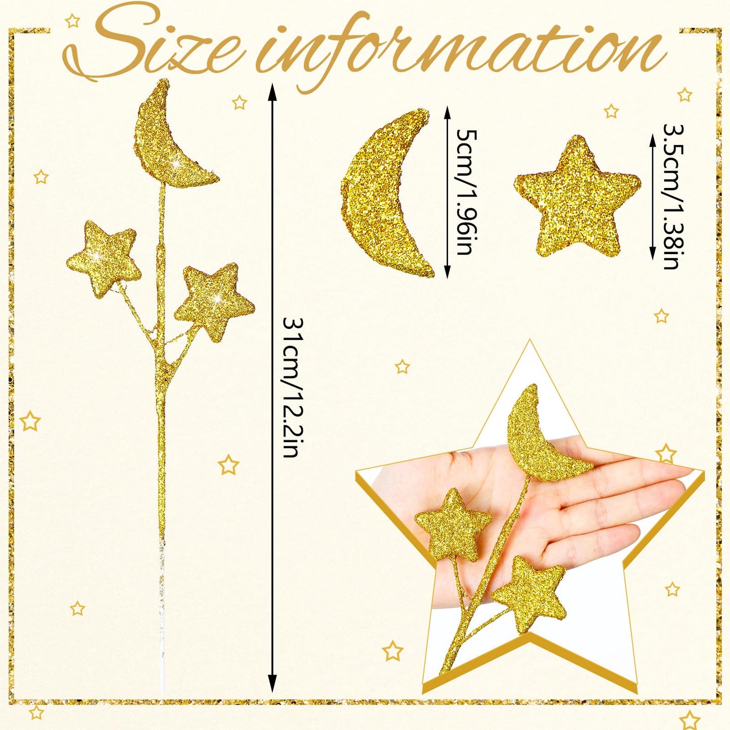 Wavwavw 24 Pcs Moon Star Floral Picks Gold Moon Star Stem Vase Filler Baby Shower Decor Glitter Twinkle Stem Table Decoration for Table Centerpiece Home Living Room Wedding Birthday Party, 12.2 Inch