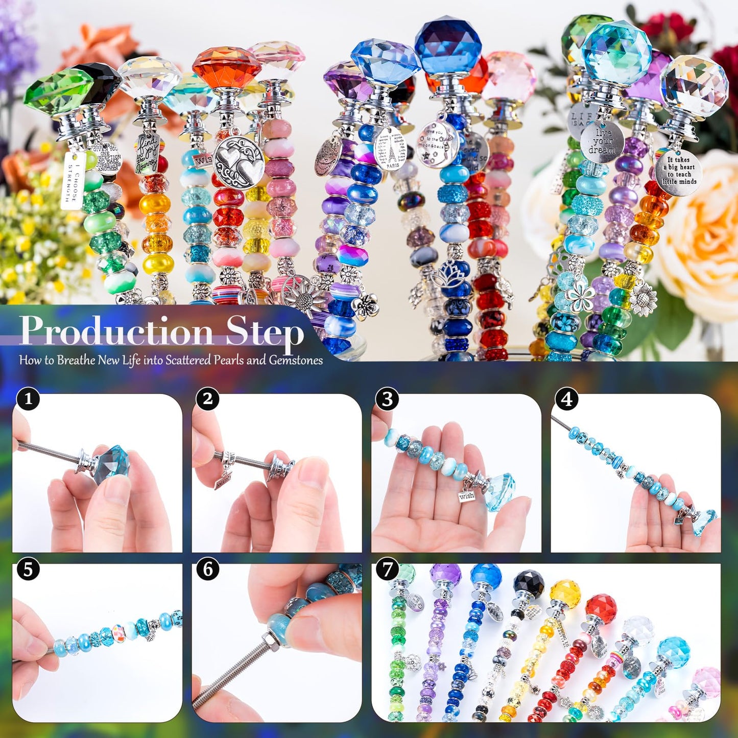513Pcs DIY Beaded Garden Stakes, Fairy Wand Kit Garden Stakes Decorative with 18 Threaded Rod, Crystal Top, Large Holes Bead for Christmas Plants Garden Outdoor&Indoor Decorative（12IN）
