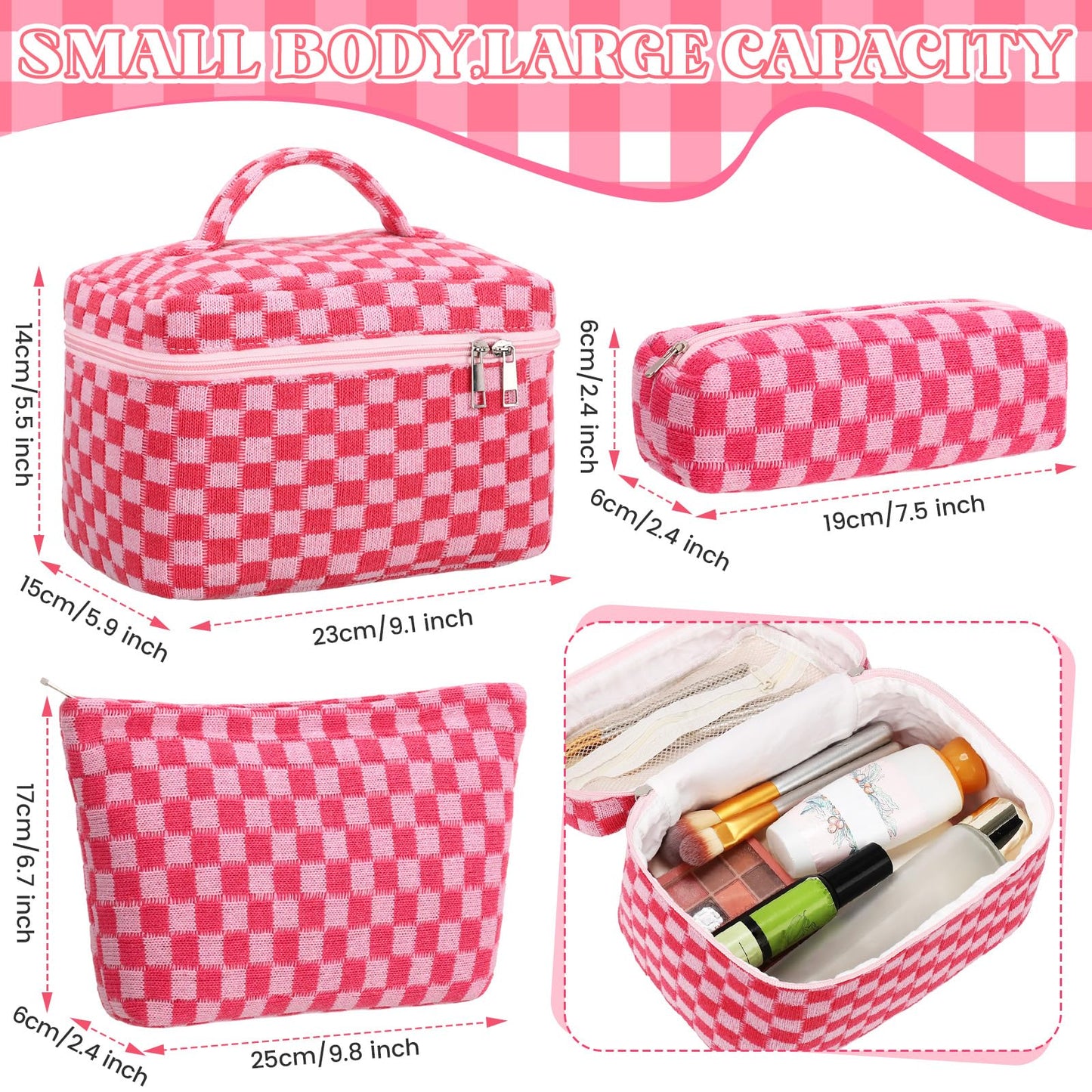 Gilprop 3 Pcs Knit Checkered Makeup Bags Zipper Cosmetic Bag for Purse Large Travel Toiletry Bag Organizer Portable Accessory Pouch Brush Bags Pencil Case for Women (Hot Pink)