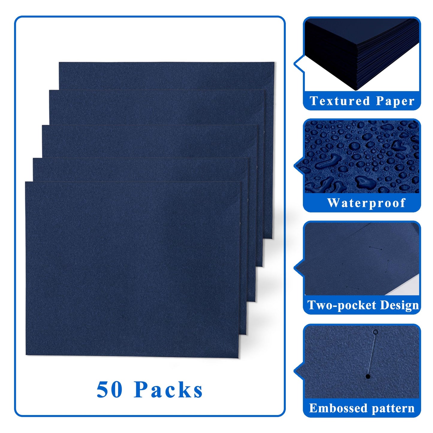 Zzrywuty 50 Packs Two Pocket File Folders with Business Card Slot,Textured Paper,Letter Size,Holds 100 Plus Sheets for School,Office,Business,Royal Blue