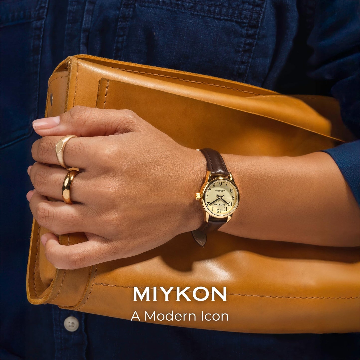 Miykon Dainty Minimalist Casual Dress Watches for Women – Small Easy Reader Analog Watch with Genuine Leather Strap and Second Hand – Japanese Quartz, Waterproof to 100ft (Brown Strap, Gold Case, Gold Dial, 26mm)