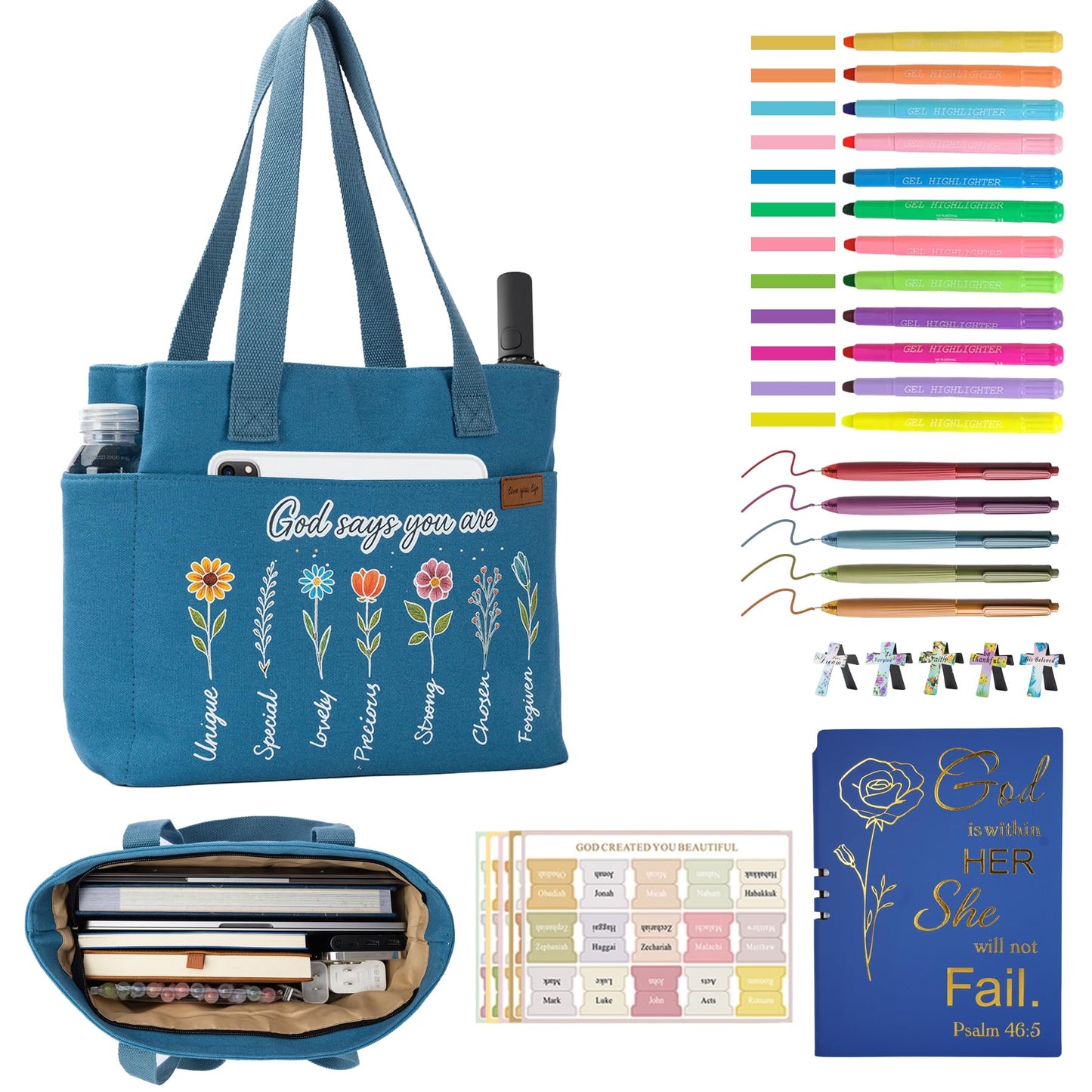 25 PCS Bible Study Supplies Kit, Large Capacity Canvas Tote Bag for Women Organizer, Bible Highlighters and Quick Dry Pens No Bleed Through, Notebook Bible Tabs Cross Bookmark Journaling Accessories