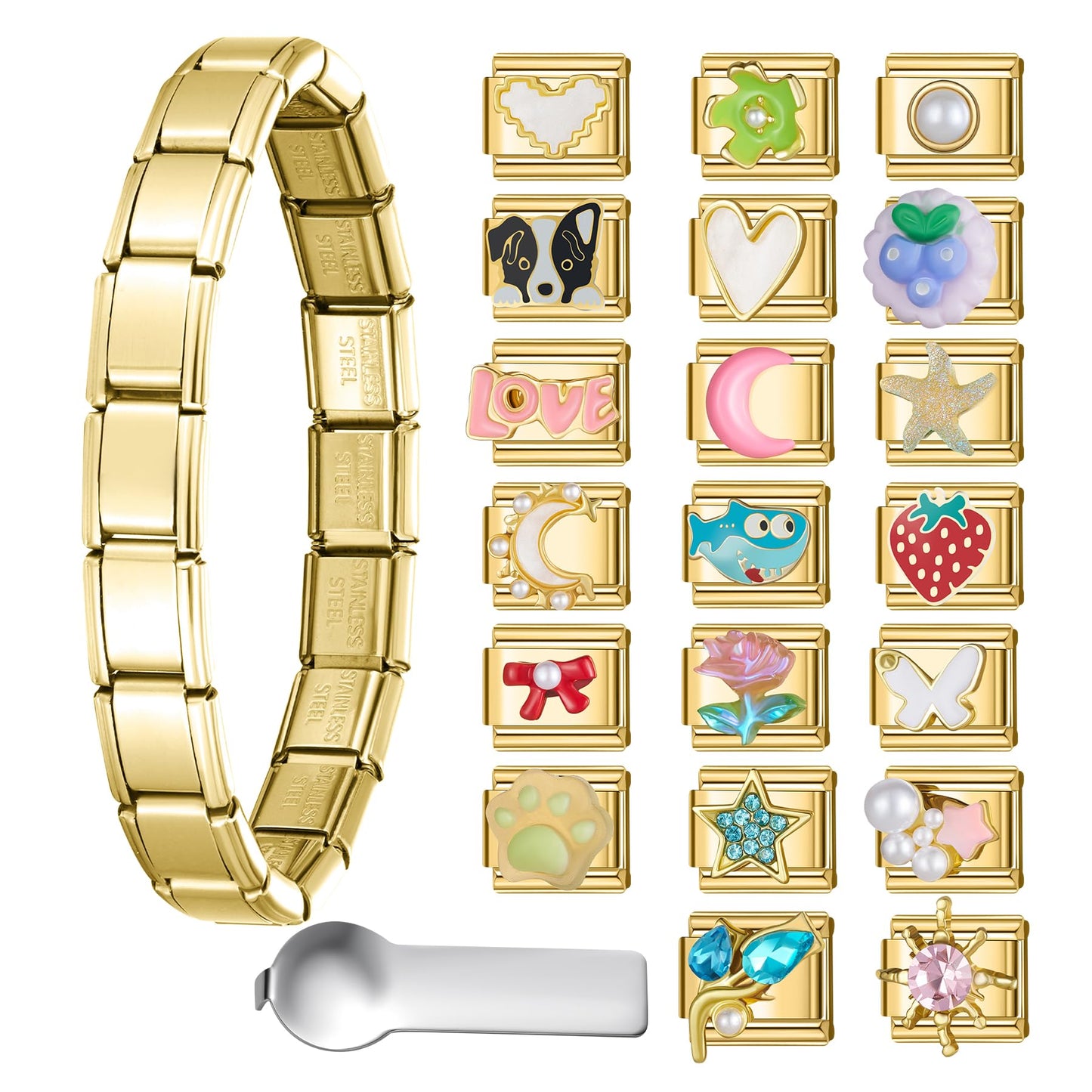 SWEETV Stainless Steel 18 Link Polish Italian Charm Bracelet with 1Pcs Starter Brascelet, 20Pcs Charms and Opening Tools, Classic 9mm Modular Charm, Personalized Jewelry Gift, E-Gold 20pcs charms