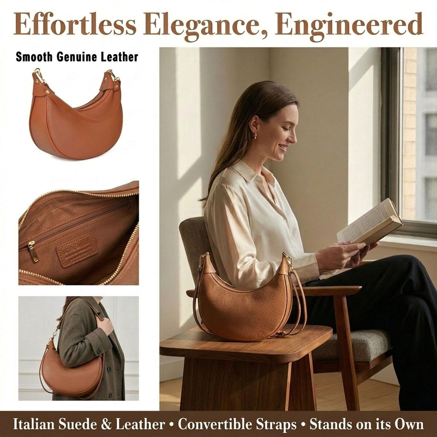 Italian Genuine Leather Crescent Hobo Bag for Women, Small Shoulder Crossbody Purse, Handbag with 2 Straps for Work Travel