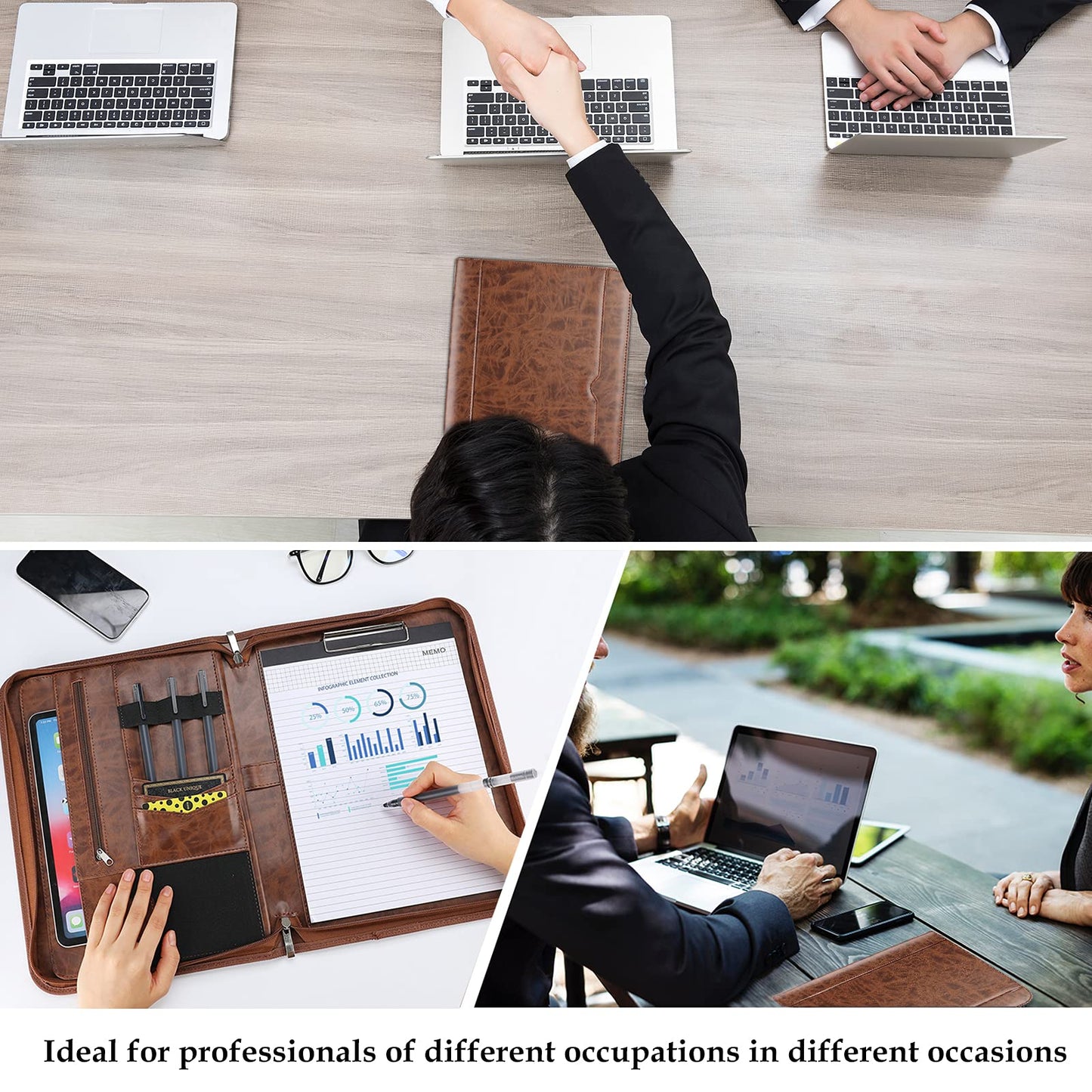 ProCase Portfolio Business Padfolio Folder with Zipper, Conference Meeting Executive File Legal Document Organizer with Pockets Letter Size A4 Writing Pad Notepad Padfolio -Brown