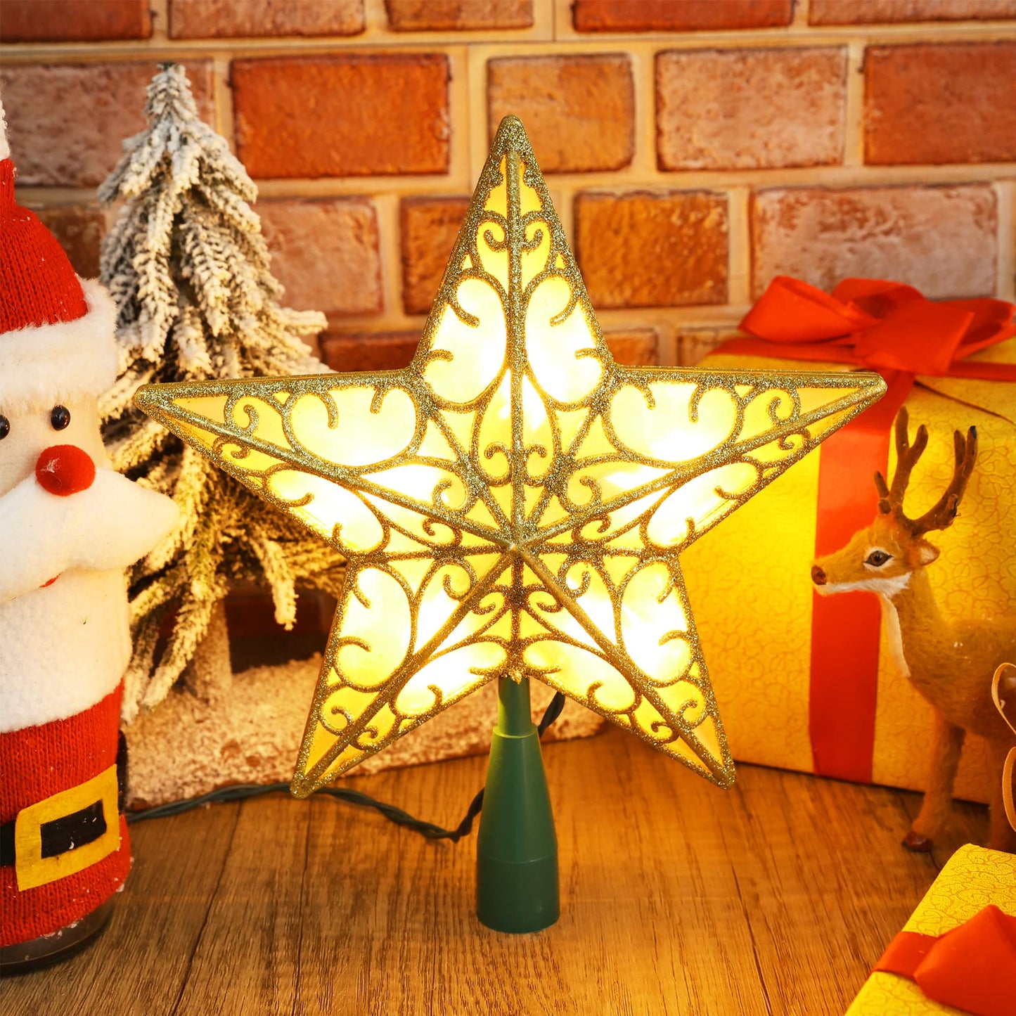Brizled 9.5” Christmas Star Tree Topper, Gold Dual-side 3D Star Treetop, Glittered Tree Top with 10 Warm White Lights, UL Certified Lighted Xmas Treetop for Holiday Christmas Tree Decor