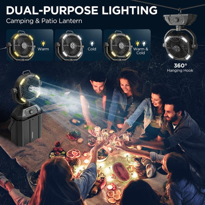 NYXQUARK Portable Misting Fan with 25000mAh Reverse Charging & Remote Control, Auto-Oscillating LED Outdoor Cooling Fan, Stepless Speed, Waterproof Design for Camping, Patio, Pets, Garden Use (Black)