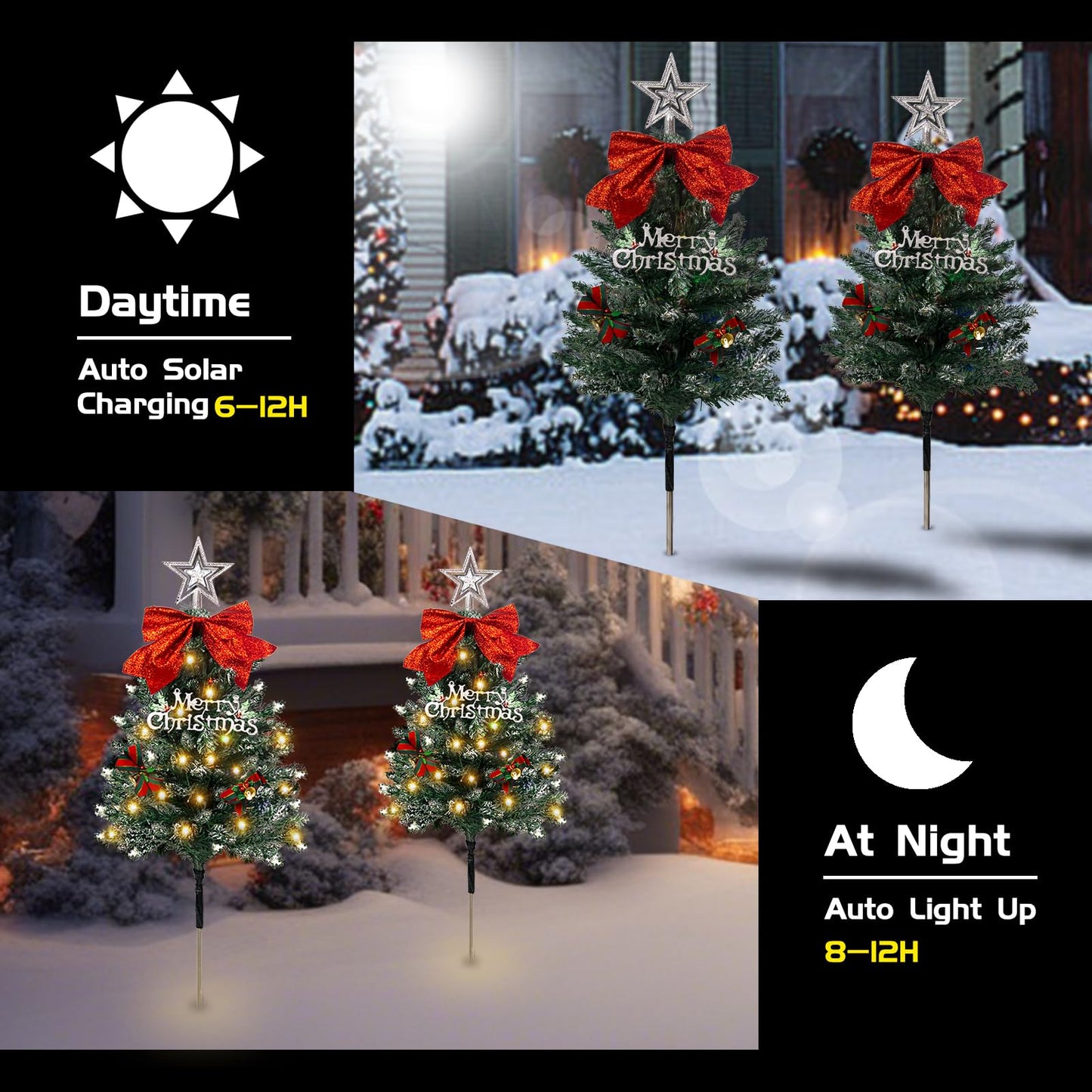 TAILERRI Christmas Tree Solar Pathway Lights, Waterproof Outdoor Decorations, Mini Xmas Tree Stake Lights with DIY Ornaments for Garden, Yard, Porch (Snowy Tree, 4 Pack)
