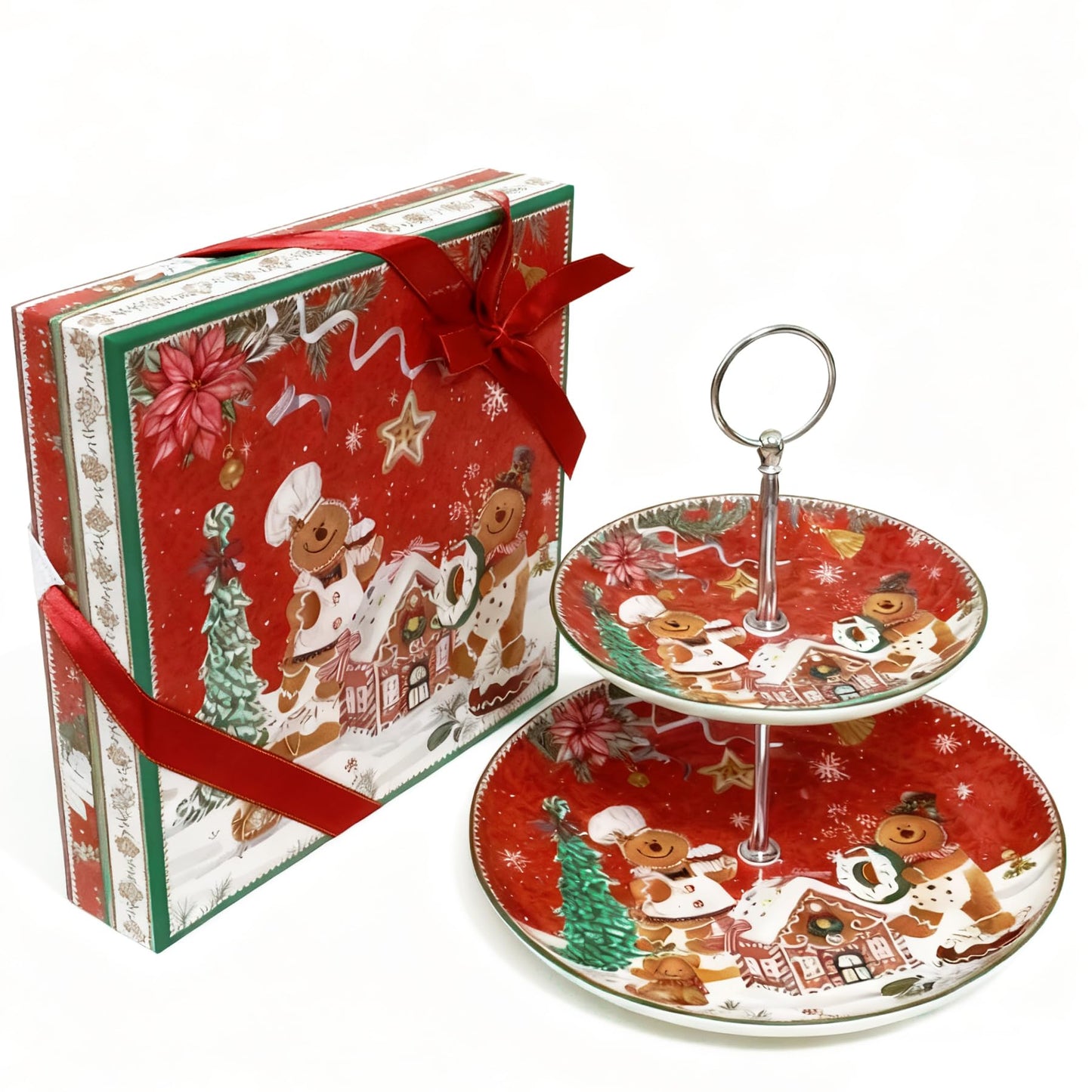 2-Tier Red Round Porcelain XMAS Cake Fruit Stand Plate with Gift Box, Cupcake Serving Display Ceramic Pastry Tray Towers Platter Set for Dessert Appetizer Candy Buffet for Home Party - Gingerbread Man