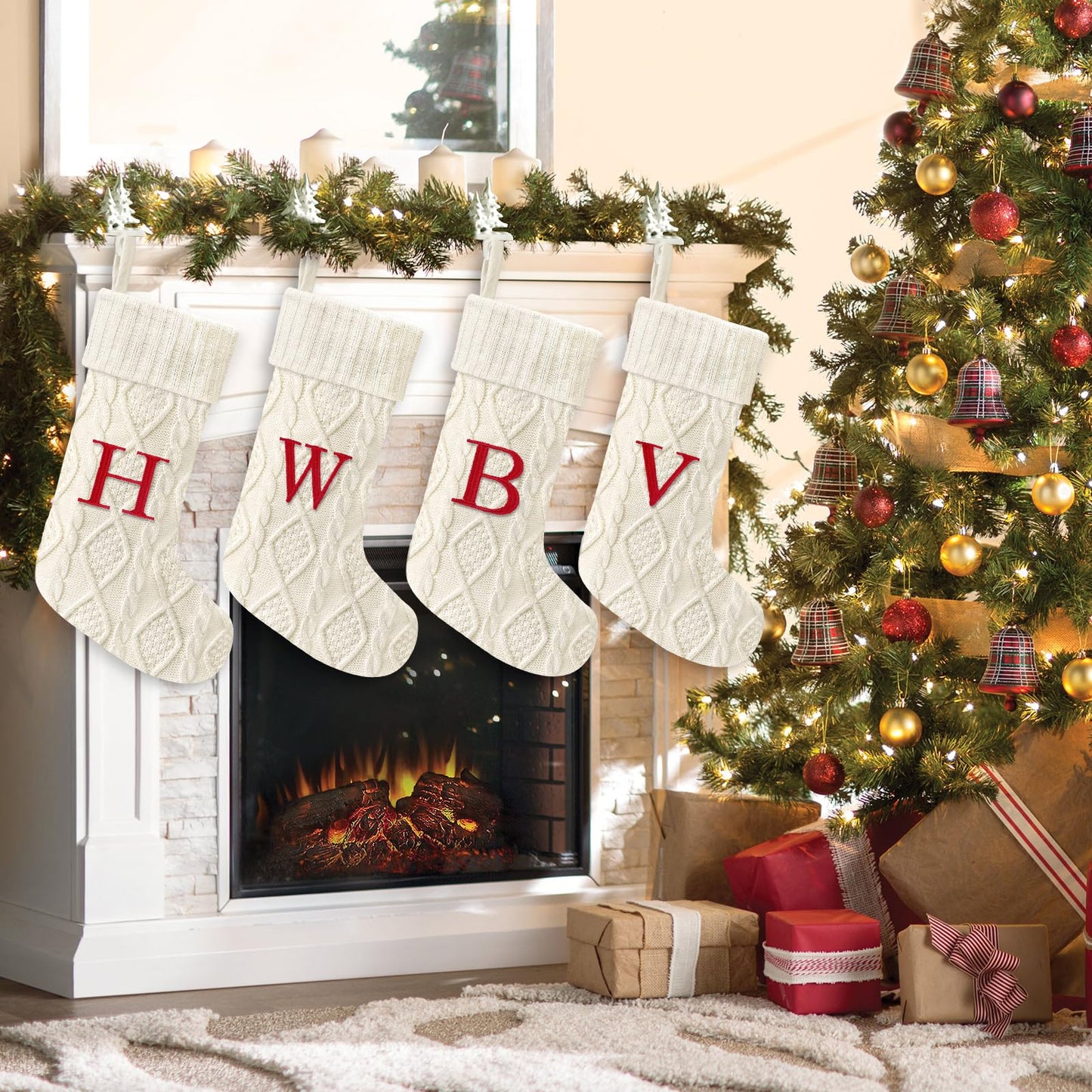 Yoochee 21 Inches Knitted Christmas Stockings with Initials, Large White Custom Monogram Embroidery Christmas Stockings with Letter, Personalized Xmas Decoration for Holiday Family Party-B