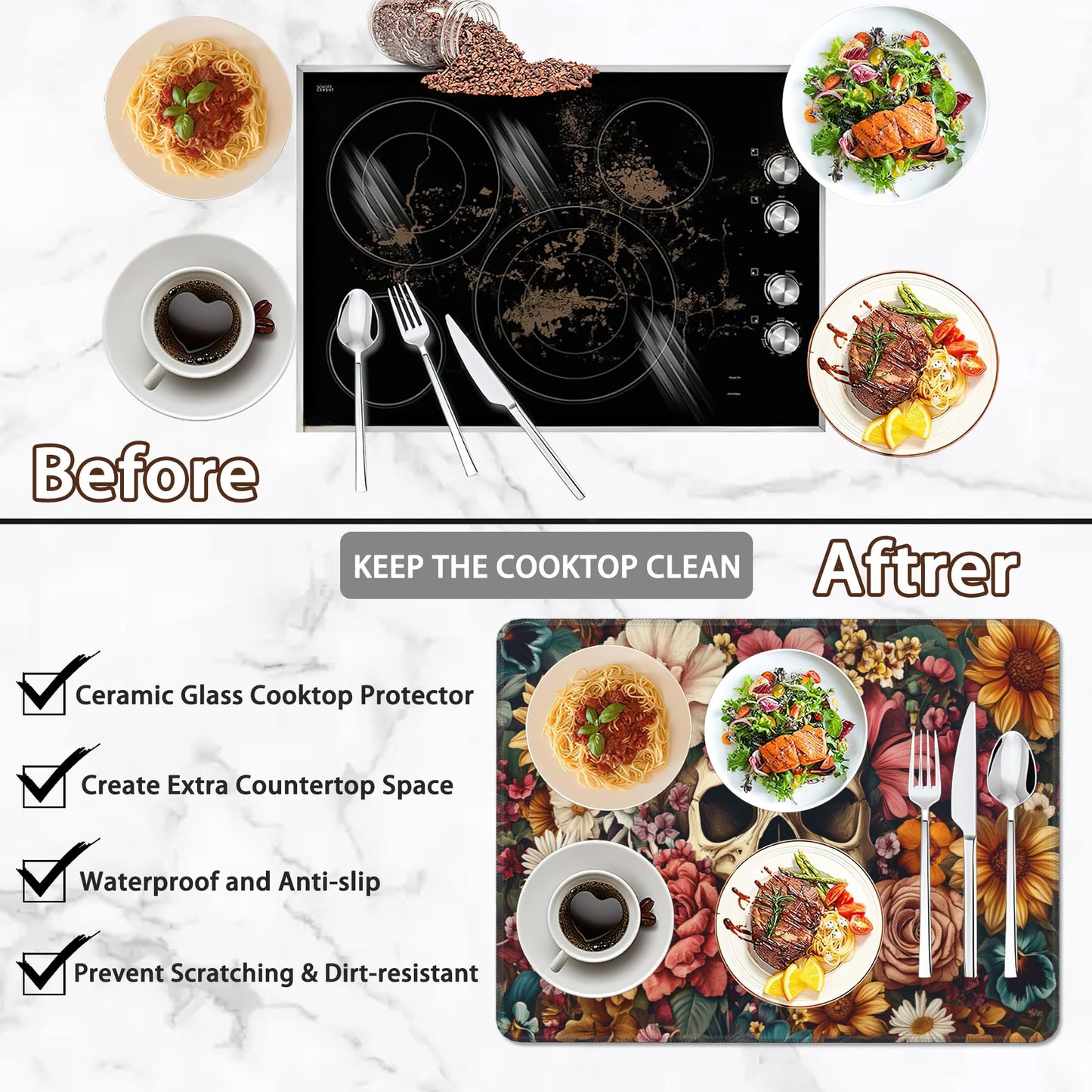 Decorative Electric Stove Cover - Gothic Skull Flower Design, Non-Slip Heat Resistant Protector for Smooth/Glass Top Stoves, Fits 28.5'' x 20.5'' (Not for Gas or Coil)