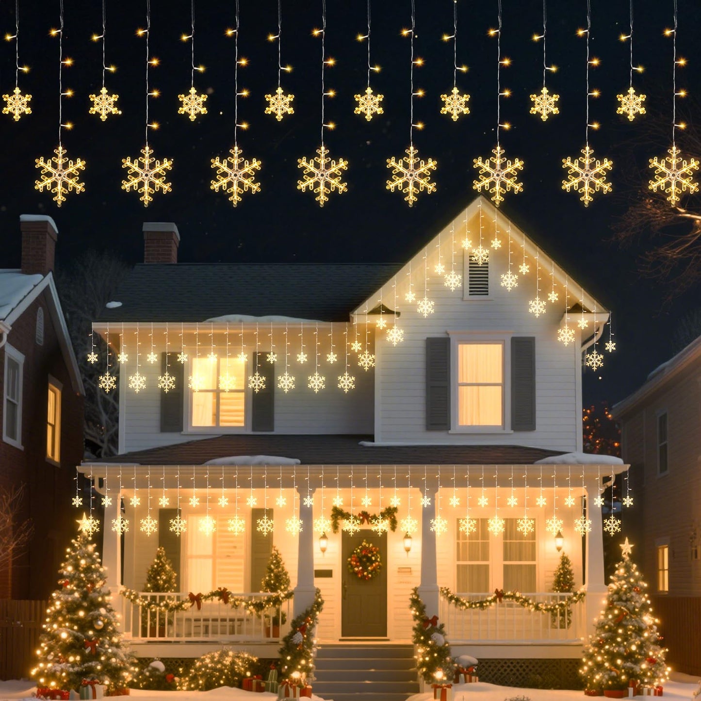 Minetom Christmas Snowflake Lights - 13ft 192LED Snowflake Icicle Lights with 16 Drops, 12 Modes and Timer, IP65 Waterproof Connectable Christmas Light for House Eave Indoor Outdoor (Warm White)