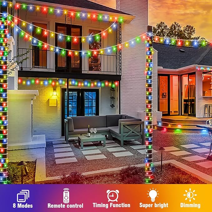 70FT 210 LED 4-Color String Lights, Seasonal Fairy Lights with 8 Modes, Waterproof Indoor Outdoor Decorative Lighting for Christmas, Parties, Wedding, Patio