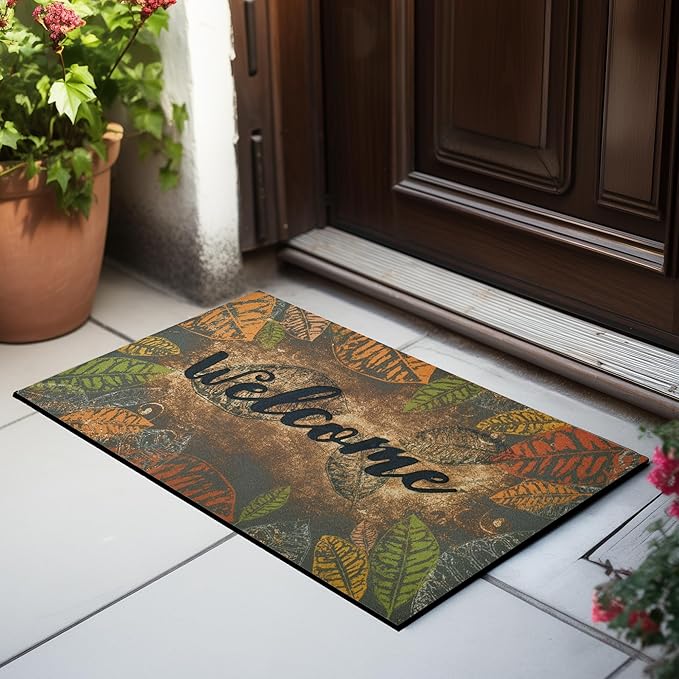 CHICHIC Door Mat Welcome Mat 17x 30 Inch Front Door Mat Outdoors for Home Entrance Outdoors Mat for Outside Entry Way Doormat Entry Rugs, Heavy Duty Non Slip Rubber Back Low Profile, Retro Leaves