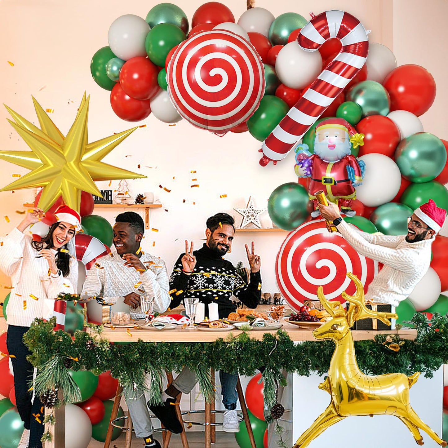Christmas Balloons Garland Arch Kit Red White Green Xmas Decoration Balloon with Candy Gingerbread Elk Santa Claus Merry Christmas Foil Balloons for New Year Winter Holiday Christmas Party Decorations