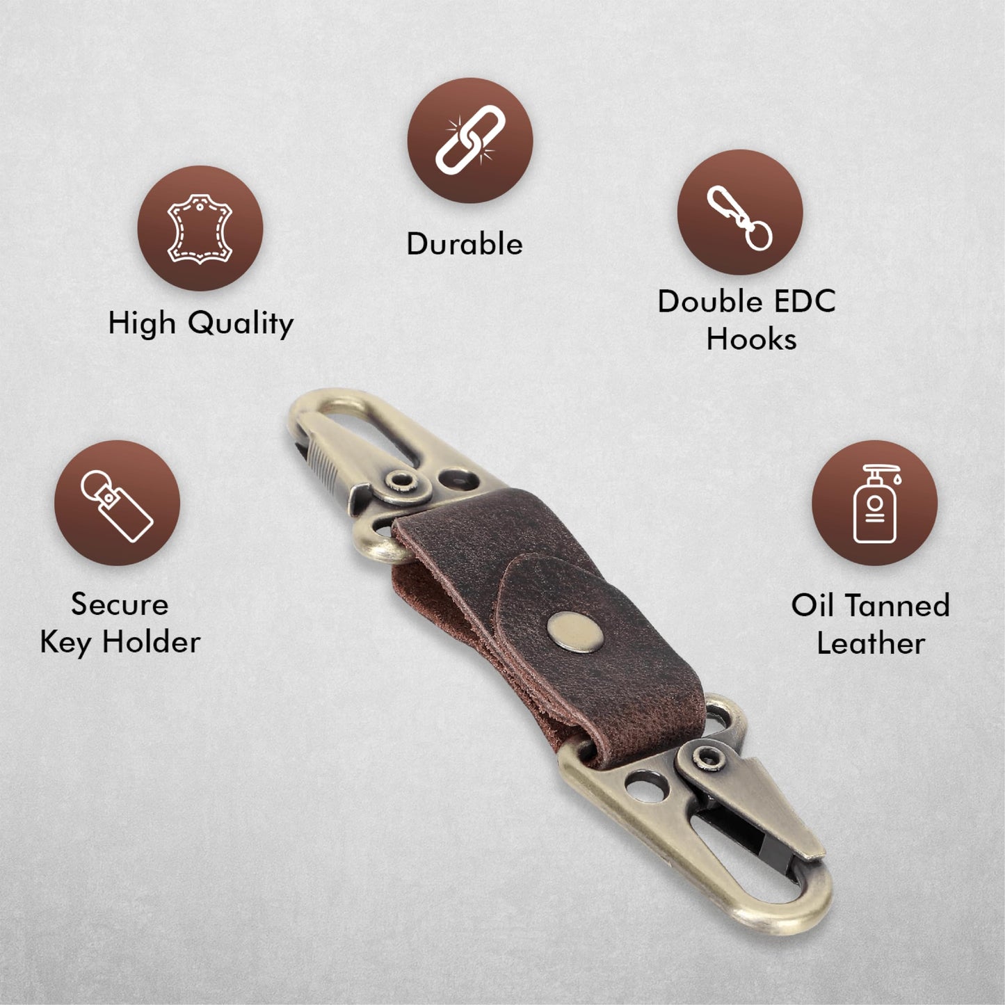 TheAntiq Genuine Leather Car Keychain - Handmade Key Holder with Dual Metal Clips, Durable Key Organizer for Car Keys, Belt, Bag & Everyday Carry (Brown)