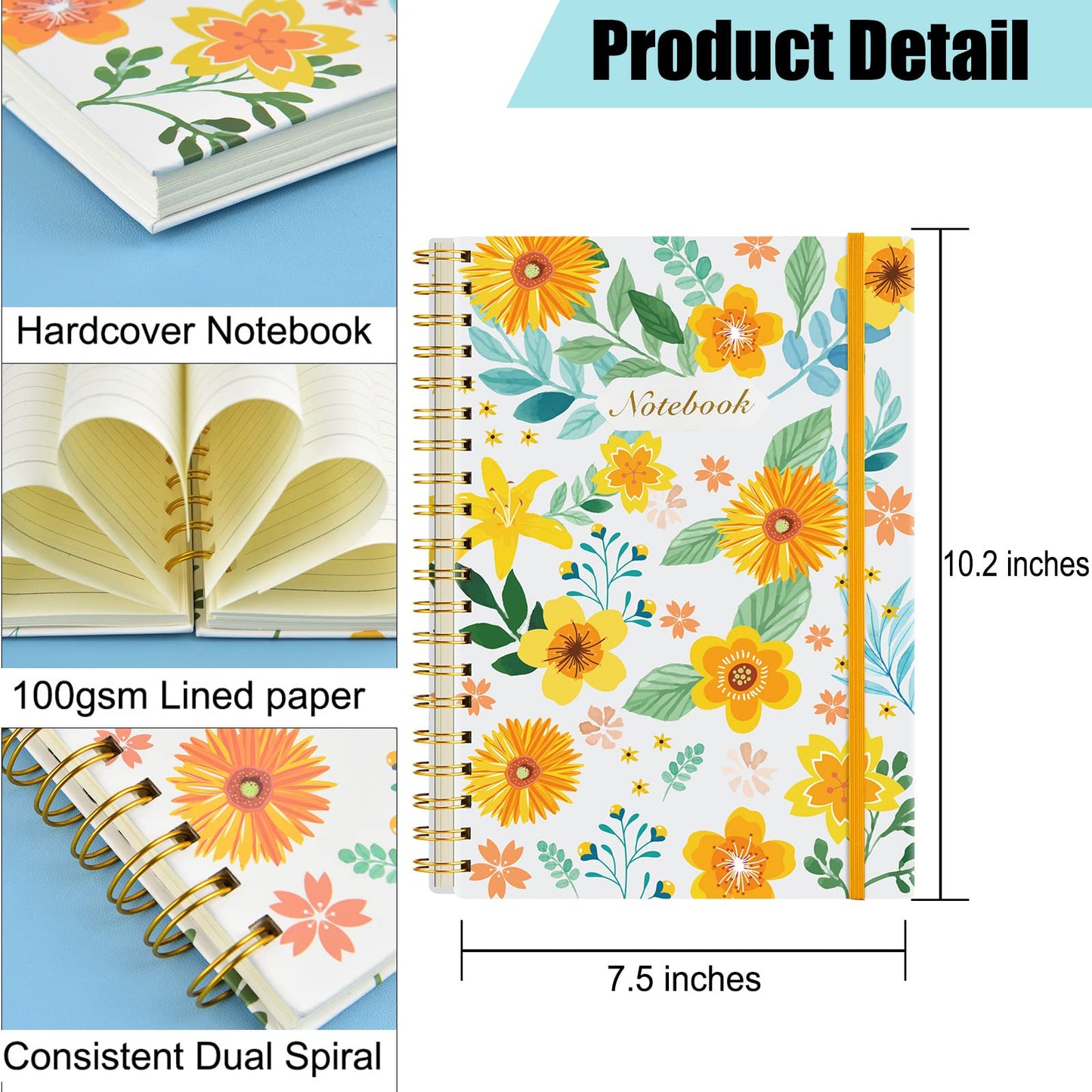 Coopay 6 Pack B5 Spiral Notebook Journal for Women, College Ruled Composition Notebooks Hardcover Spiral Journal, Cute Blooming Floral, Office School Business Supplies, 10.2" x 7.5", 160 Page