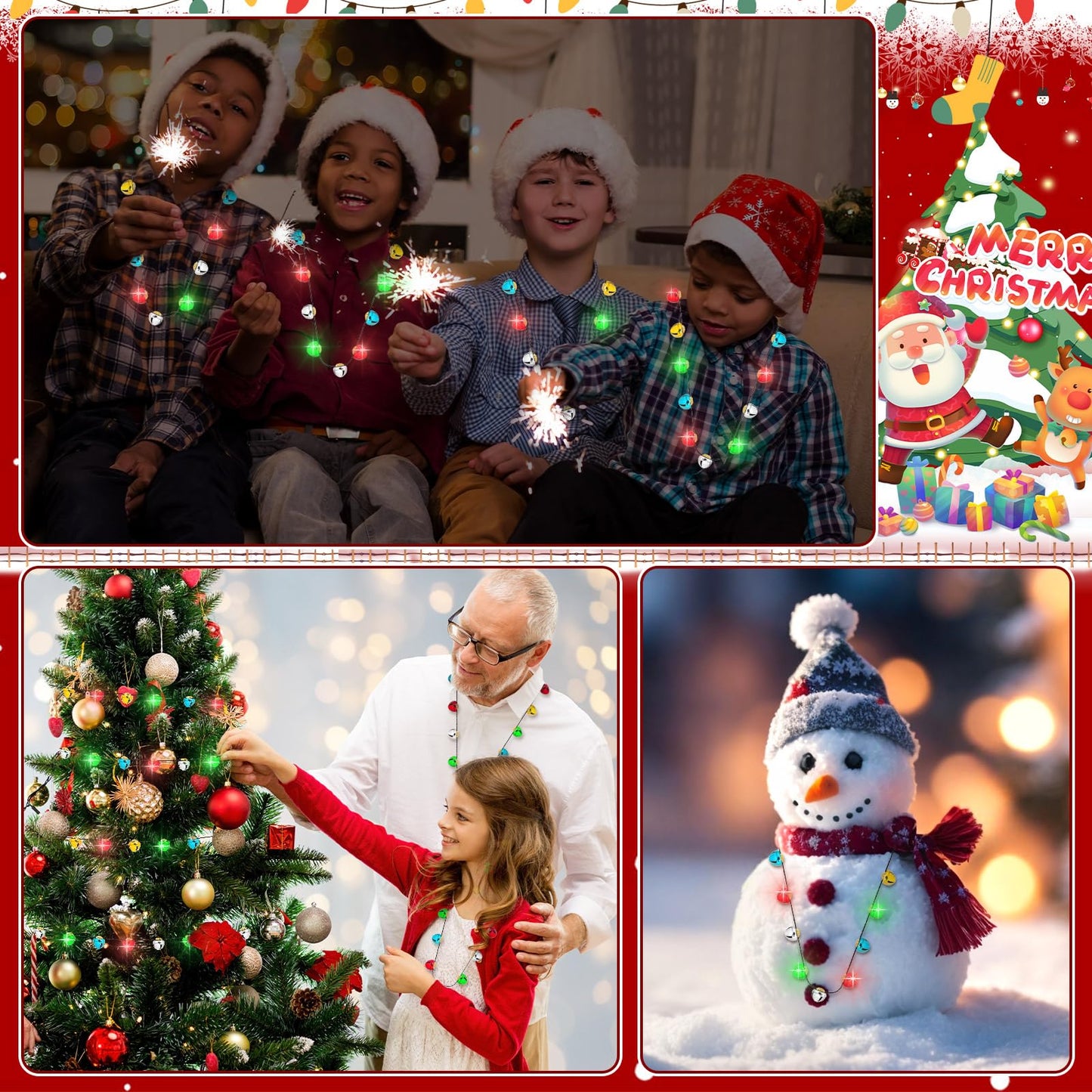 NOVWANG 4Pcs Christmas Light Necklace, Jingle Bell Light up Christmas Necklace for Xmas Winter New Year Ugly Sweater Holiday Party Supplies Accessories