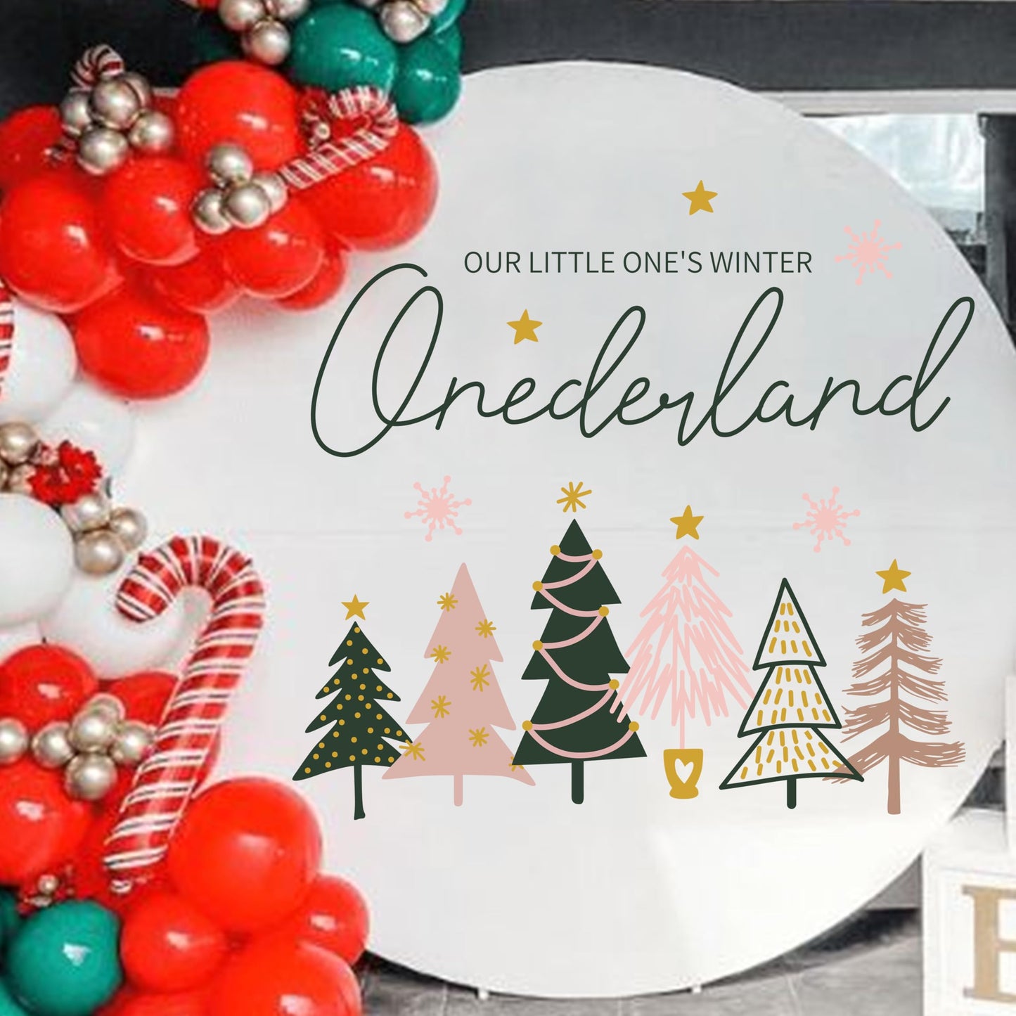 Our Little One's Winter ONEderland Decal - Winter 1st Birthday Party Decorations,Pink Green Christmas Trees Sign Stickers,Frozen Wonderland Party Wall Decals,First Snowflake Holiday Decoration