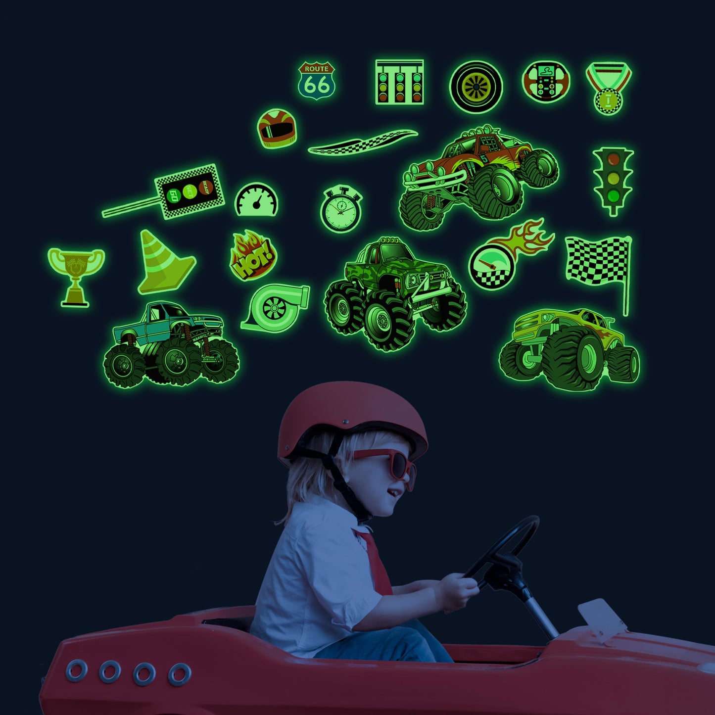 Glow in The Dark Racing Car Wall Stickers, Truck Kids Bedrooms Wall Decals, Racing Theme Big Foot Truck Ceiling Decor, Nursery Classroom Playroom Home Decor Gifts