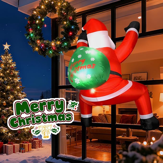 6FT Christmas Inflatable Outdoor Decorations Hanging Santa Built-in Bright LEDs, Blow Up Climbing Santa Claus with Gifts Bag, Giant Christmas Decor for Window Wall Outdoor Xmas Holiday Party Lawn