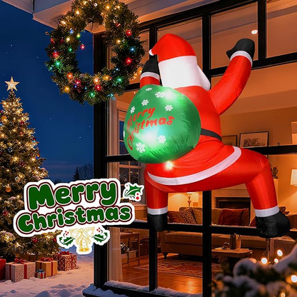 6FT Christmas Inflatable Outdoor Decorations Hanging Santa Built-in Bright LEDs, Blow Up Climbing Santa Claus with Gifts Bag, Giant Christmas Decor for Window Wall Outdoor Xmas Holiday Party Lawn