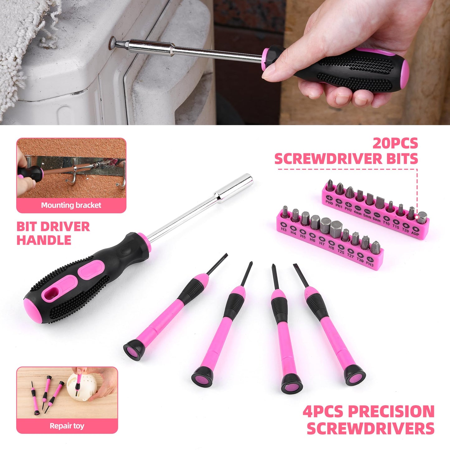 URASISTO 125 PCS Pink Household Tool Set, Pink Ladies Basic House DIY Toolkit Set for Home Garage Office College Dormitory Use, Hand Tool Kits for Women