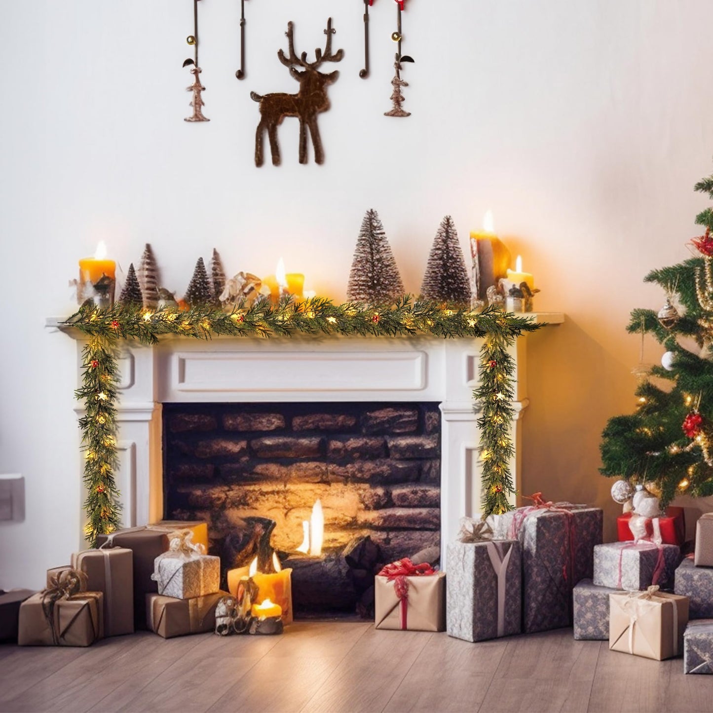 MINDELF 6 FT Artificial Christmas Garland, Faux Spruce Evergreen Garland with 20 LED Lights, Red Gold Ball Ornaments and Stars, Lighted with Timer, Perfect for Christmas Indoor Outdoor Decoration
