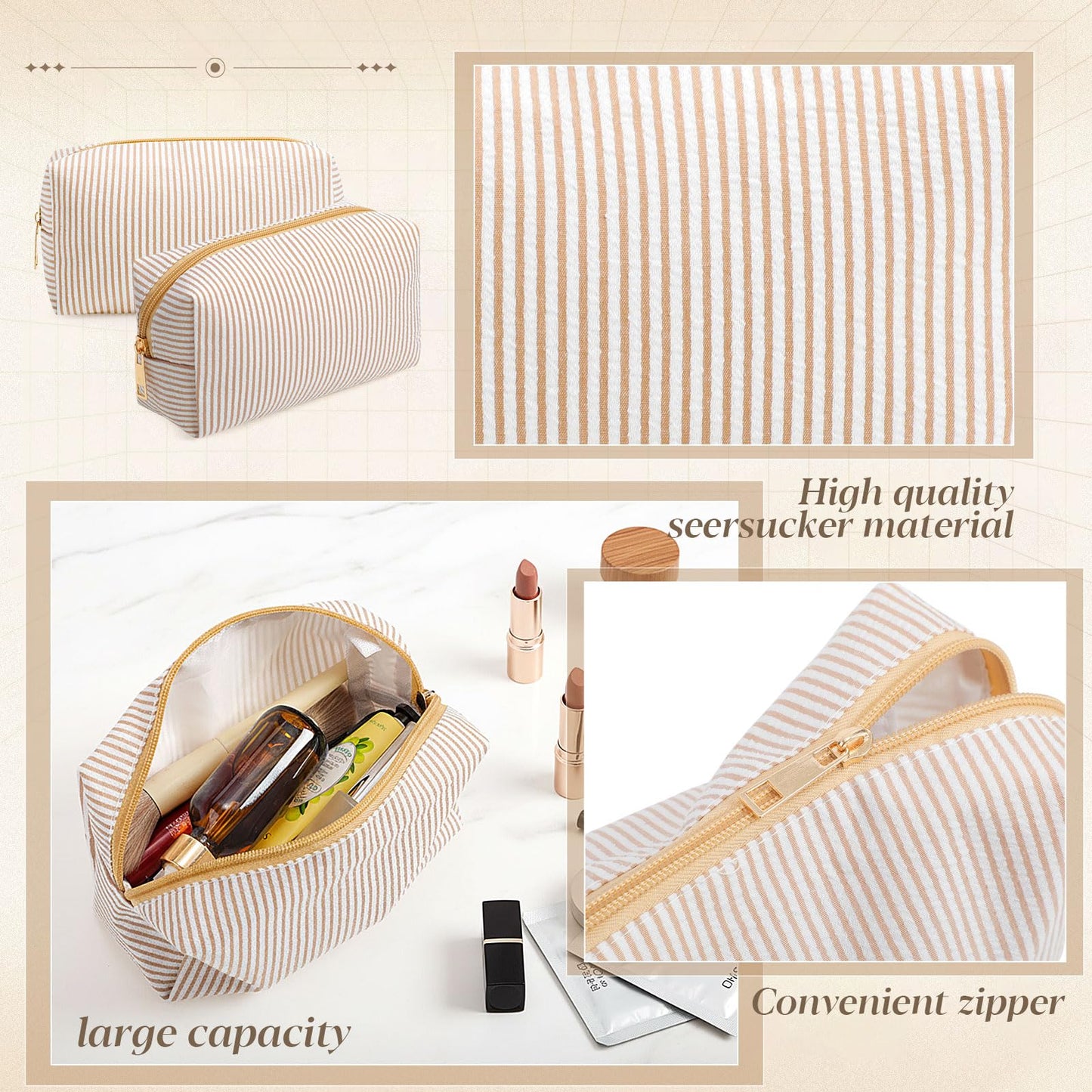 Sanwuta 6 Pcs Seersucker Cosmetic Bags Bulk Seersucker Makeup Bags Stripe Women Pouch Large Preppy Storage Pouch Toiletry Travel Organizer for Wedding Bridesmaid Bride Favor Mom Gift (Khaki)