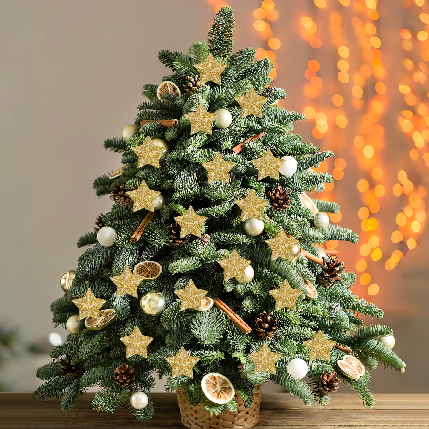 DEARMAMY 30 Pcs Gold Glitter Star Ornaments Christmas Tree Pendant Mini Hanging Stars Mini Gold Glitter Pendant Xmas Tree Ornament 3D for Christmas
