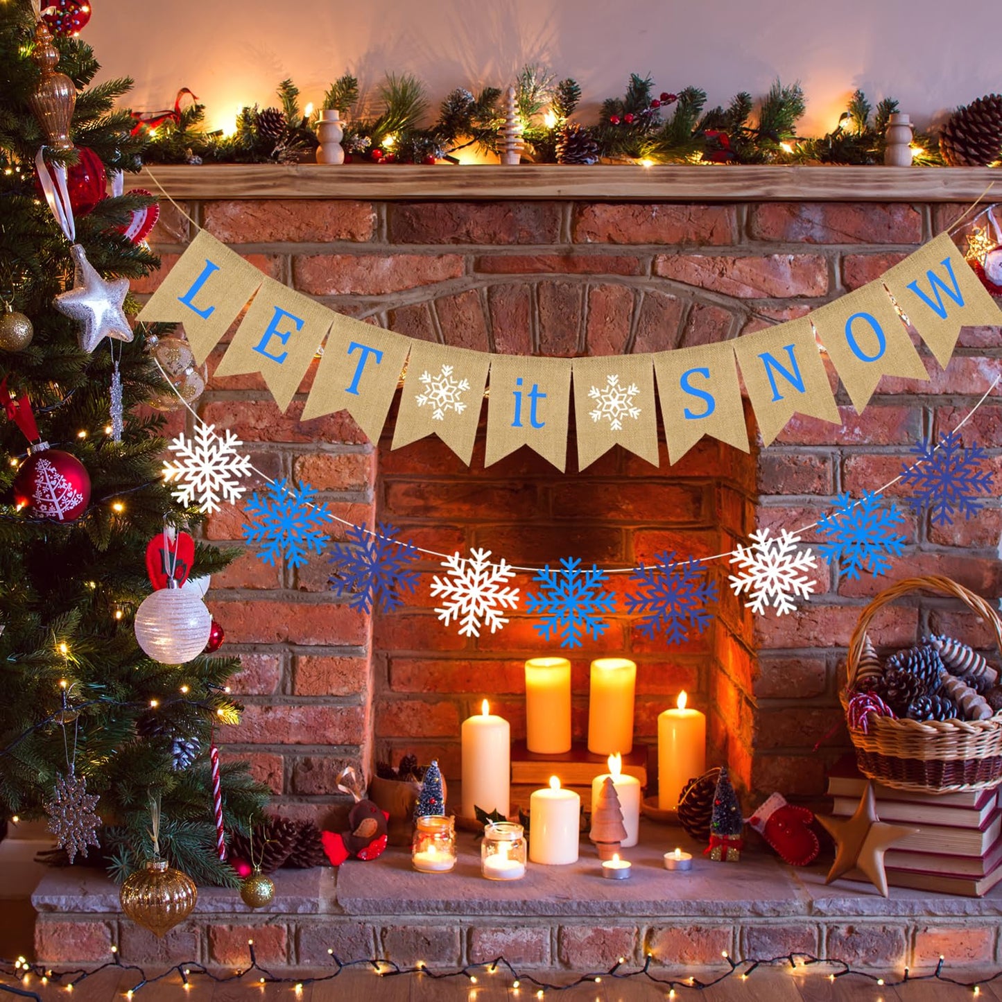 Doumeny Let It Snow Burlap Banner Winter Snowflake Garland Bunting Xmas Be Merry Bunting Banner Blue White Snowflake Party Banner Merry Christmas Hanging Banner for Holiday Home Fireplace Mantel Decor