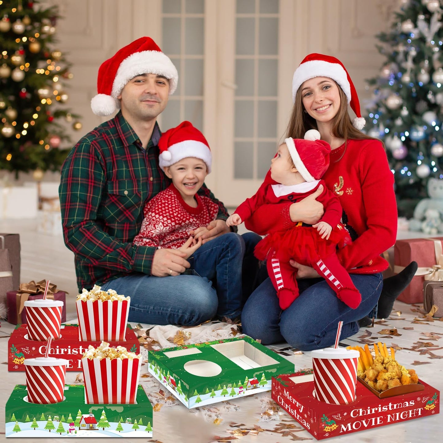 QOUBAI 32Pcs Christmas Party Supplies Movie Night Paper Snacks Boxes Xmas Santa Snowman Cinema Movie Theater Snack Tray Party Decorations Popcorn Drink Holder Set for Holiday Birthday Holiday