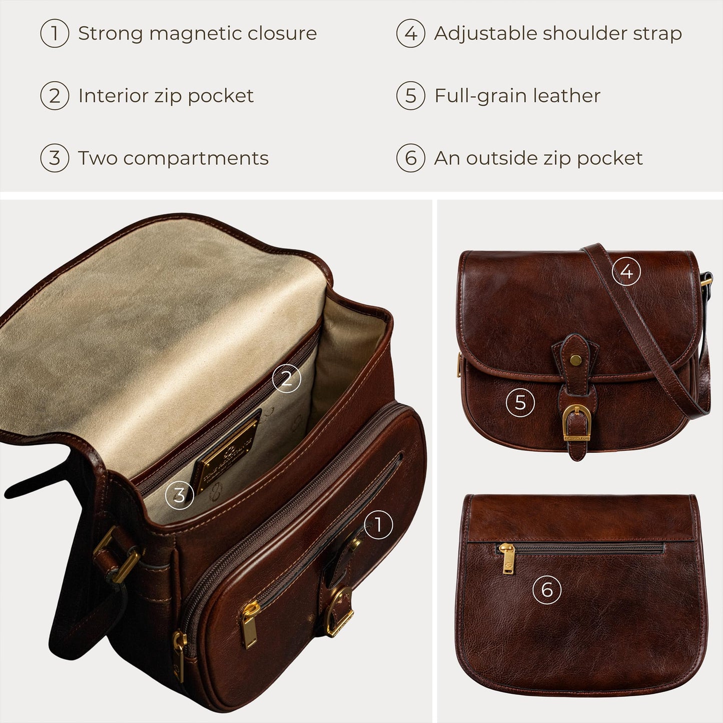 Time Resistance Leather Crossbody Bag for Women - Handbag, Shoulder Bag, Messenger, Purse (Brown) - Gift Box Included