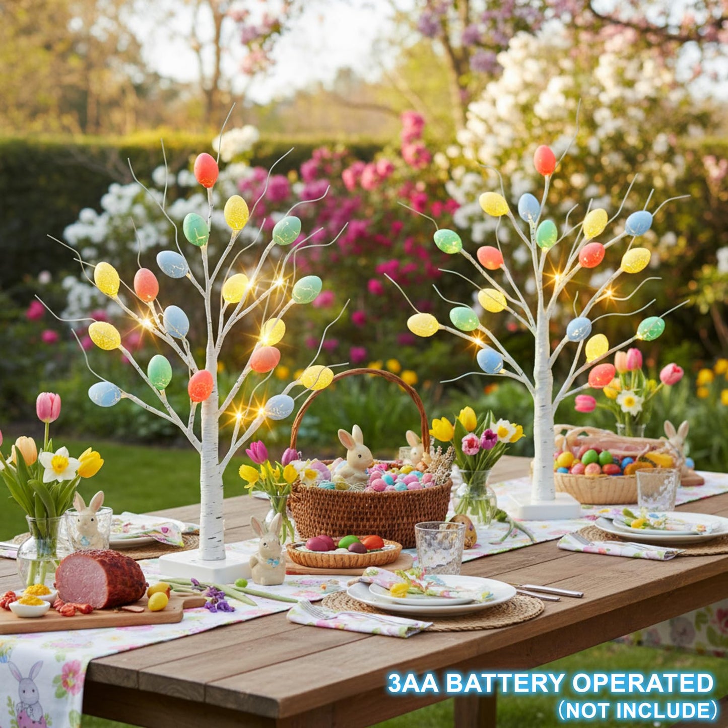 Vanthylit Easter Decorations, 2 Pack Lighted Easter Tree Battery Operated with Timer, 22 Inch LED Birch Tree with 36 Egg Ornaments Indoor Tabletop Centerpiece Light for Home Decor