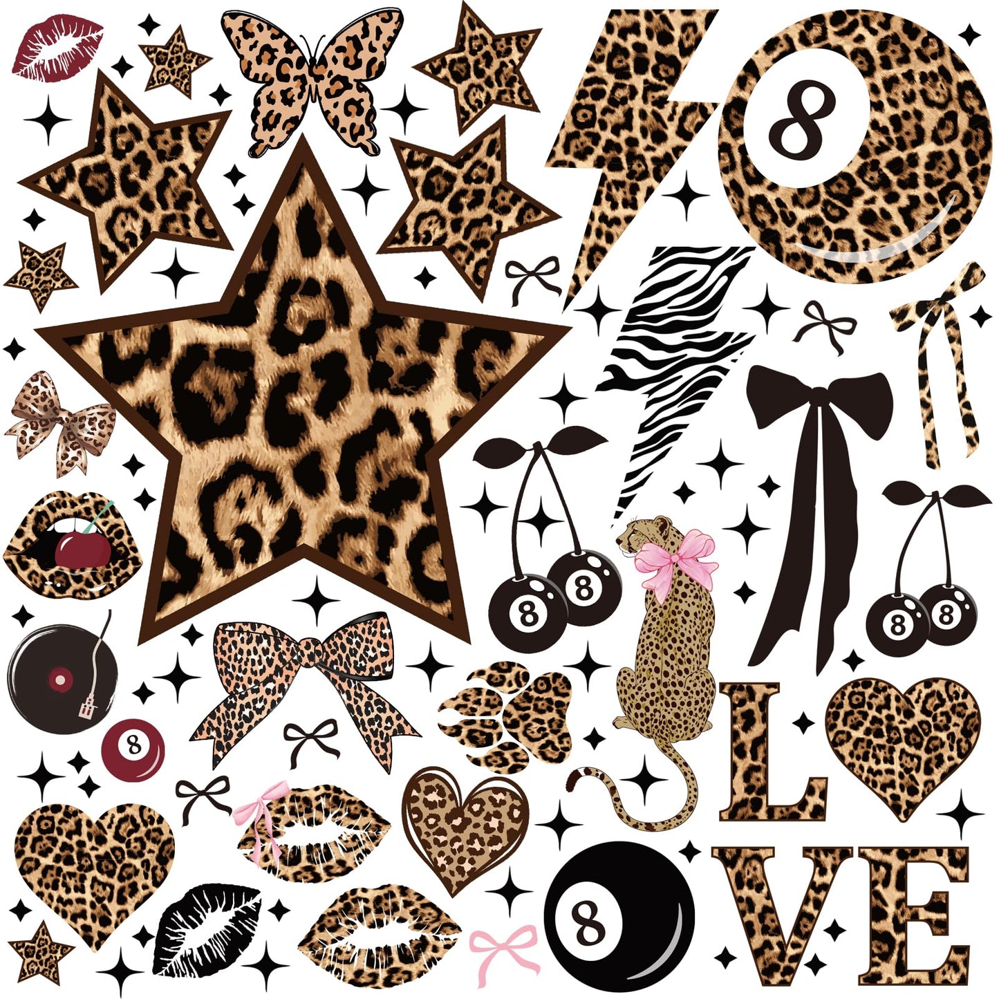 Wxiben Cheetah Print Wall Decals - 200 Pcs Leopard Print Walls Stickers Decor for Room Y2K Bow Star 8 Ball Peel and Stick Wall Decals for Home Bedroom Living Room Classroom Apartment Dorm