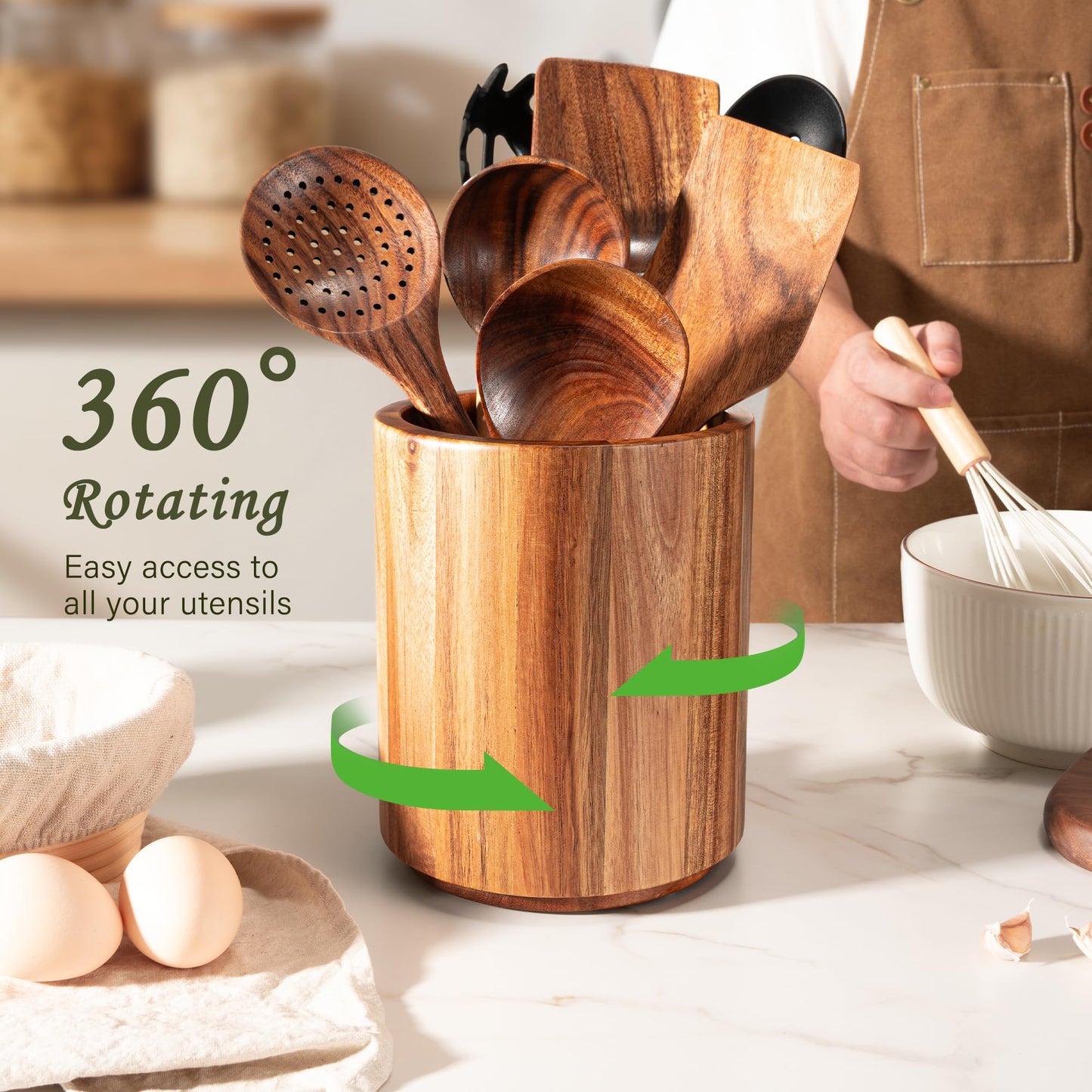 Criusia Utensil Holder 3 Pack, 360° Rotating Acacia Wood Cooking Utensil Crocks for Kitchen Counter, Farmhouse & Modern Decor, (1 Large, 1Medium, 1 Small)