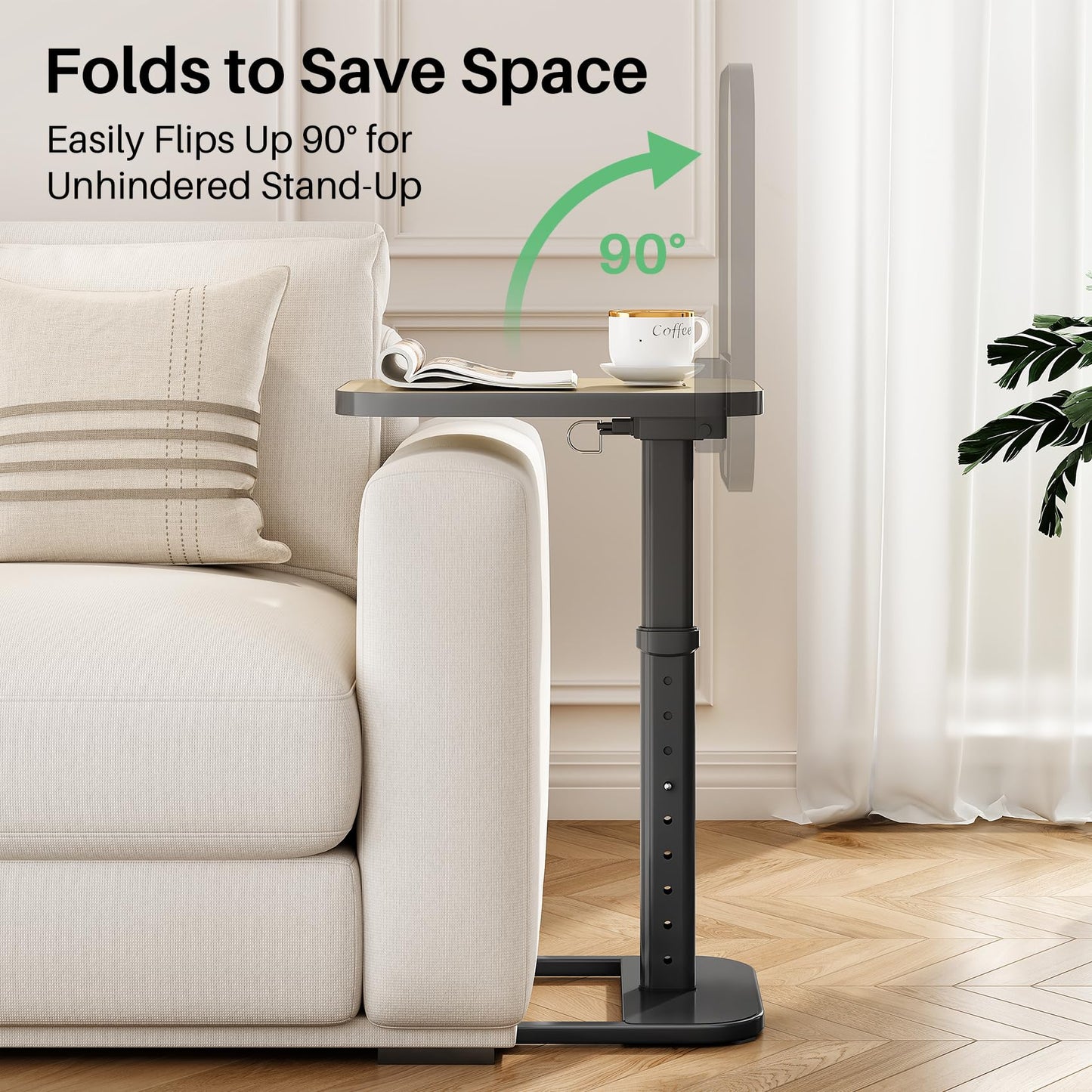 Kitstorack Upgraded TV Tray Table with Panel Lock, Adjustable Height & 90° Flip-Over Design, Sofa Arm End Side Table for Eating, Dinner, Snack, Laptop, Couch, Bed, Chair or Small Spaces, Gray