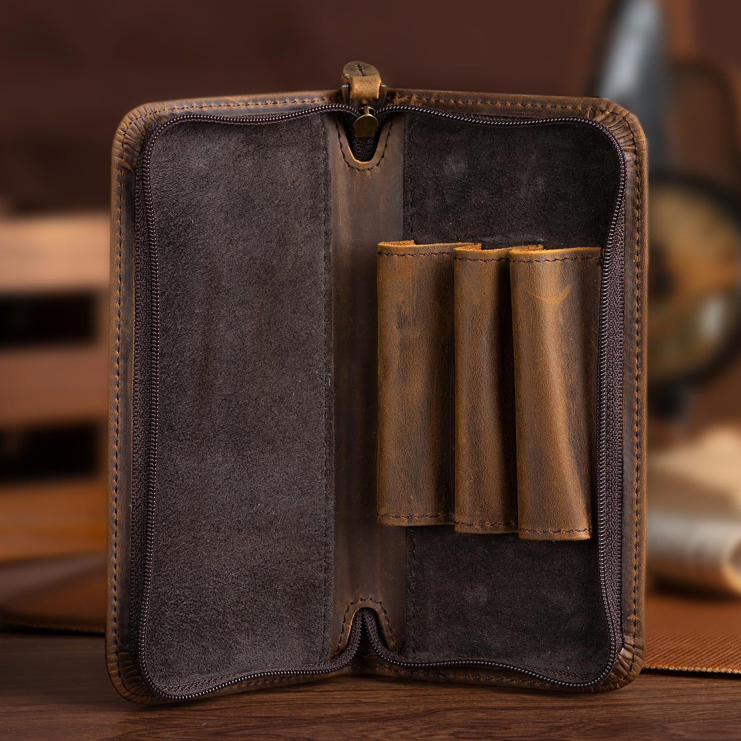 Lanxivi Vintage Leather Fountain Pen Case 3 Divided Slots, Zippered Pen Case Pouch, Handmade Display Holder for Rollerball Pen