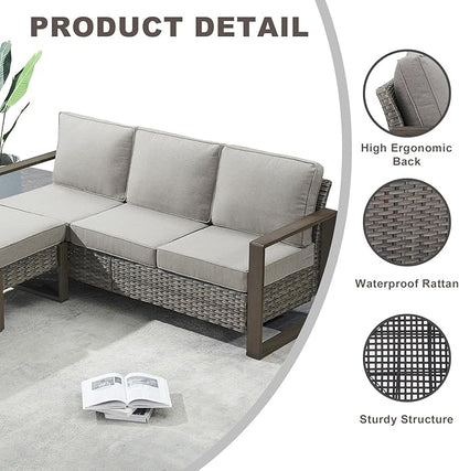 Outdoor Wicker Patio Furniture Set - 6 Piece Patio Conversation Set with 2 Wicker Armrest Chairs,2 Rattan Ottoman,1 Side Table and 1 Couch,Sturdy Frame,Thick Cushions,Deep Seating(Mixed Grey/Grey)